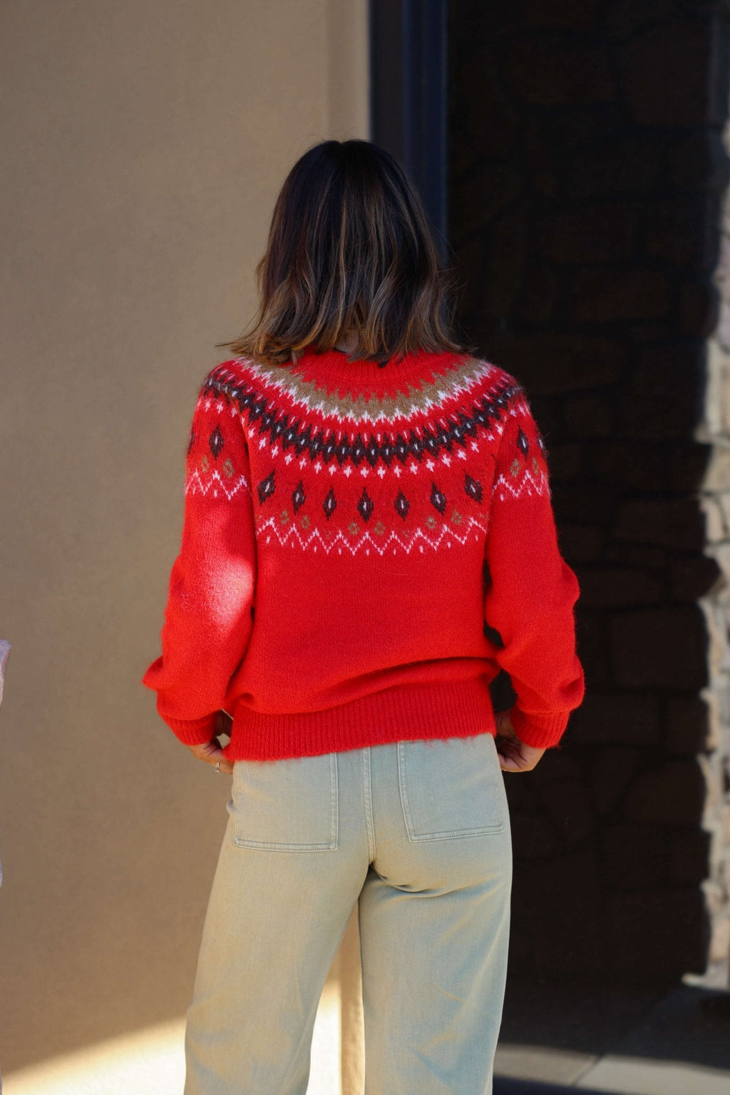 Fuzzy Red Fair Isle Crew Neck Sweater - FINAL SALE
