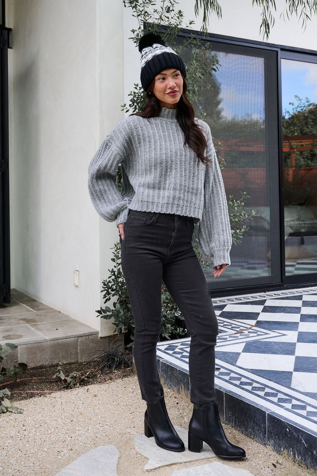 Grey Wide Sleeve Ribbed Mock Neck Sweater - FINAL SALE