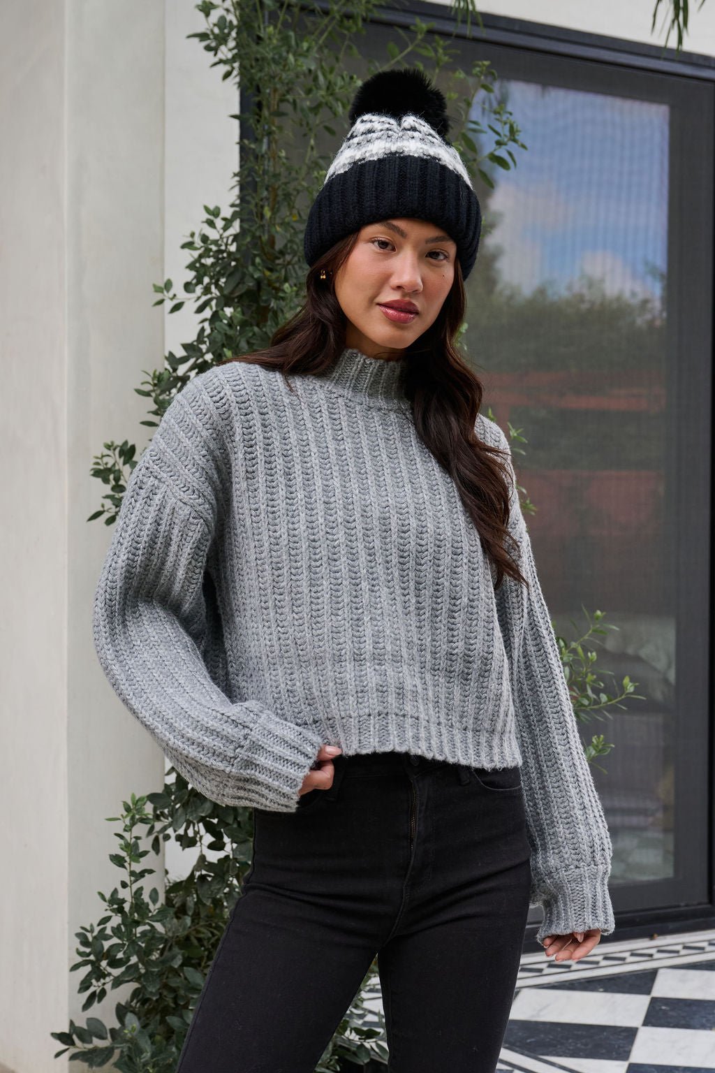 Grey Wide Sleeve Ribbed Mock Neck Sweater - FINAL SALE