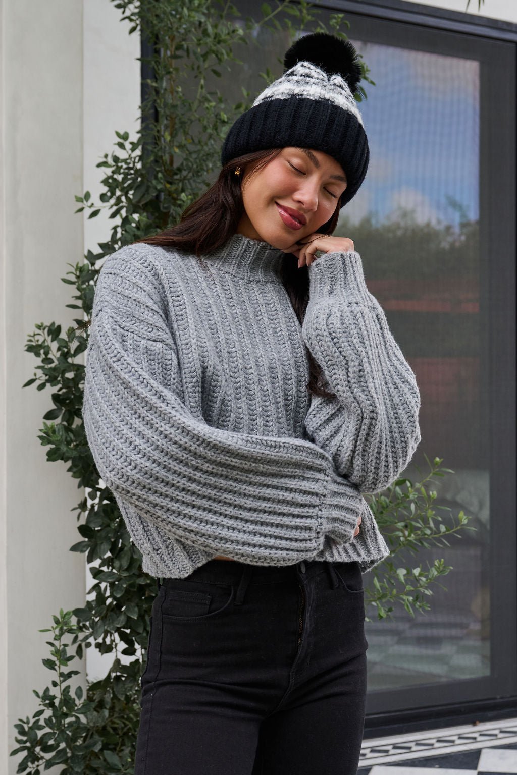 Grey Wide Sleeve Ribbed Mock Neck Sweater - FINAL SALE