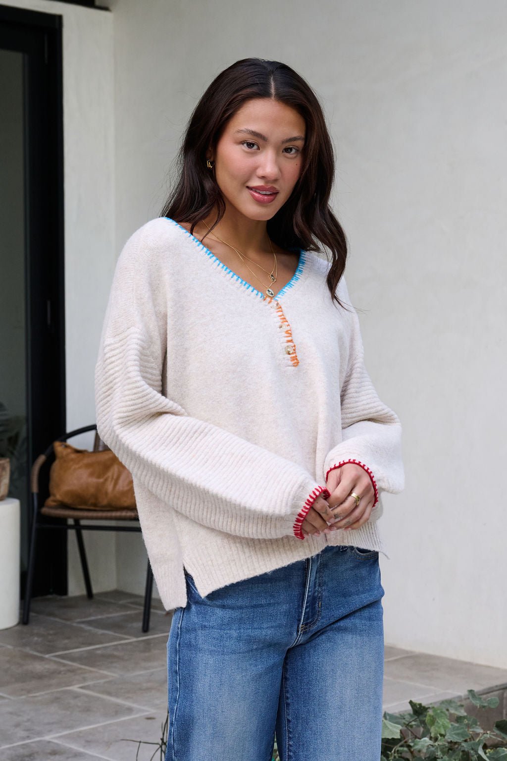 Ivory Stitch Trim Button Up Sweater - FINAL SALE