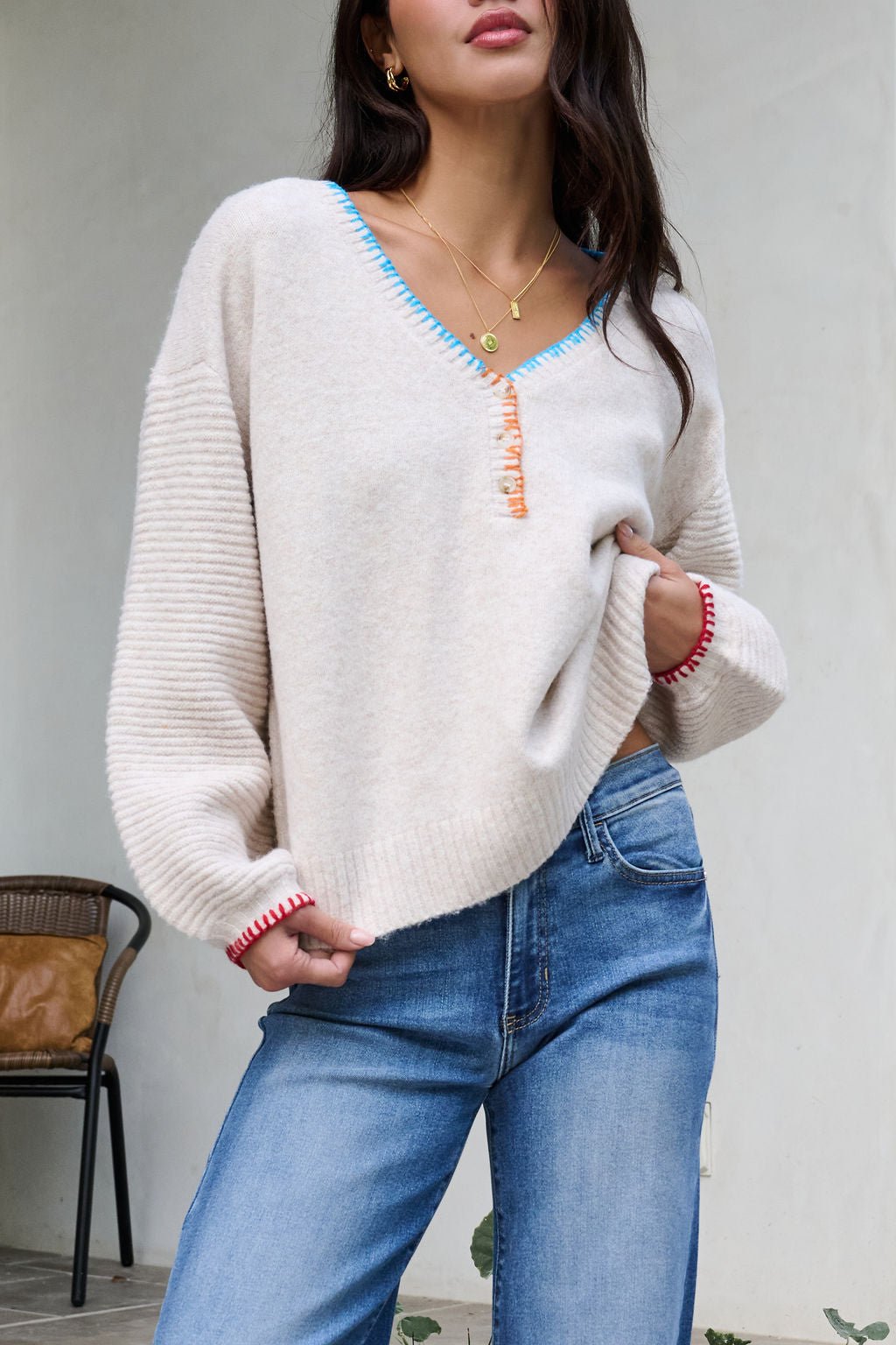 Ivory Stitch Trim Button Up Sweater - FINAL SALE