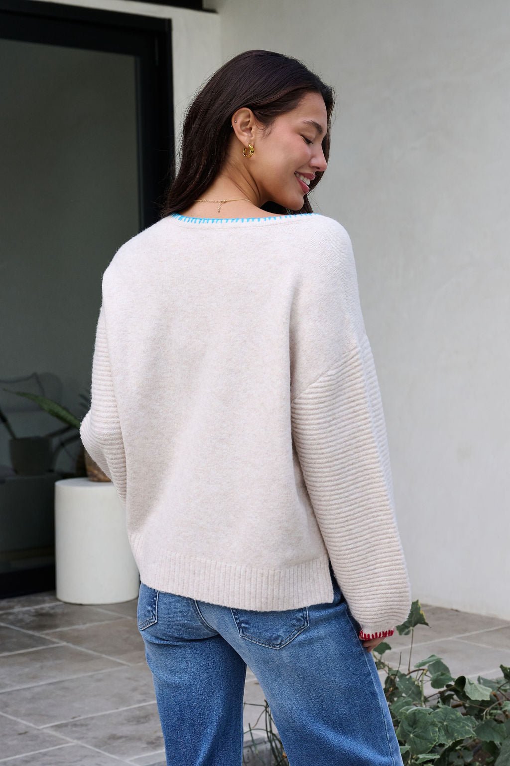 Ivory Stitch Trim Button Up Sweater - FINAL SALE