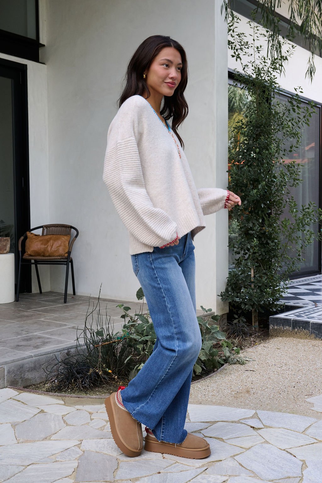 Ivory Stitch Trim Button Up Sweater - FINAL SALE