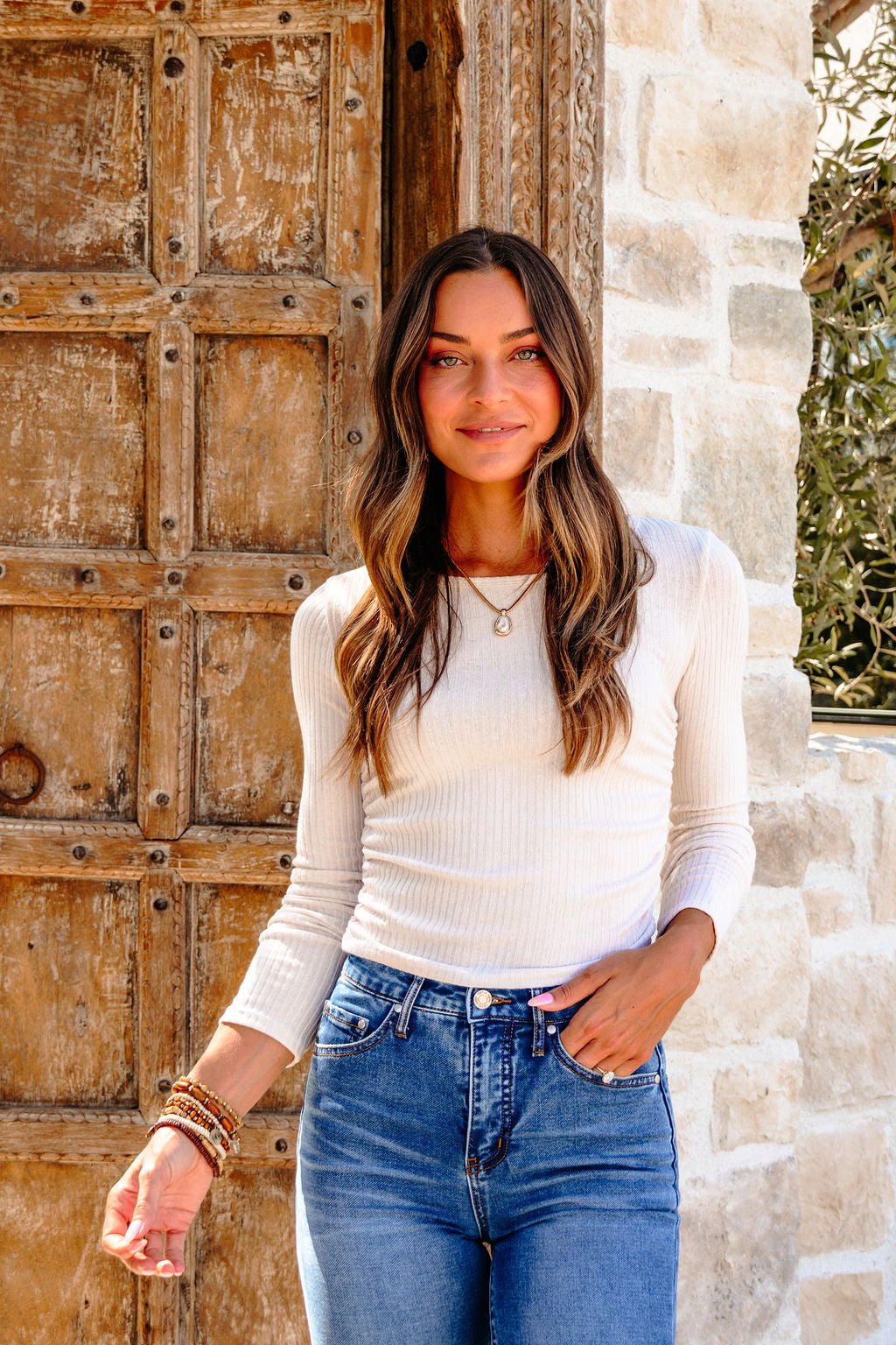 Light Beige Ruched Side Ribbed Top - FINAL SALE