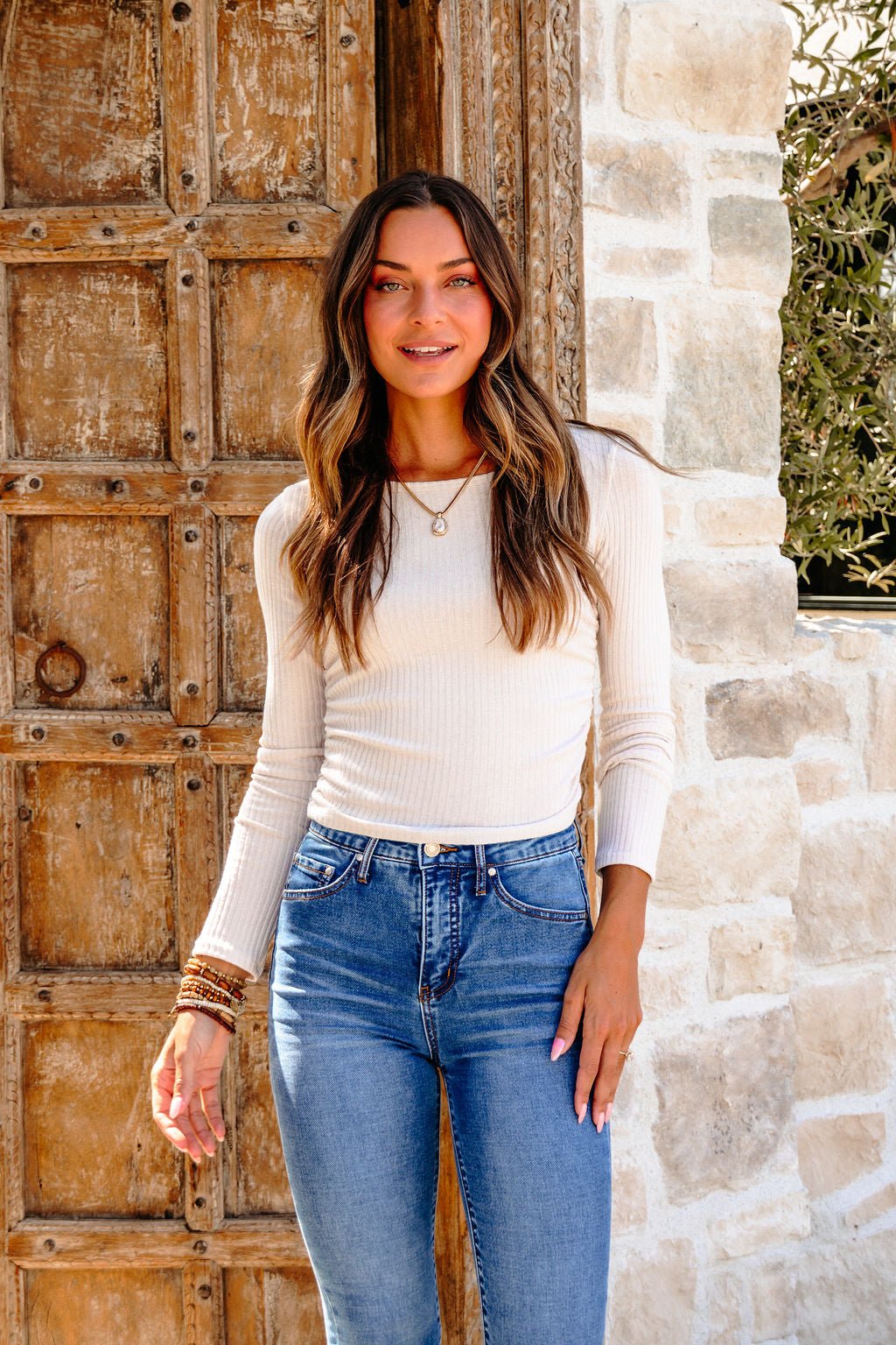 Light Beige Ruched Side Ribbed Top - FINAL SALE