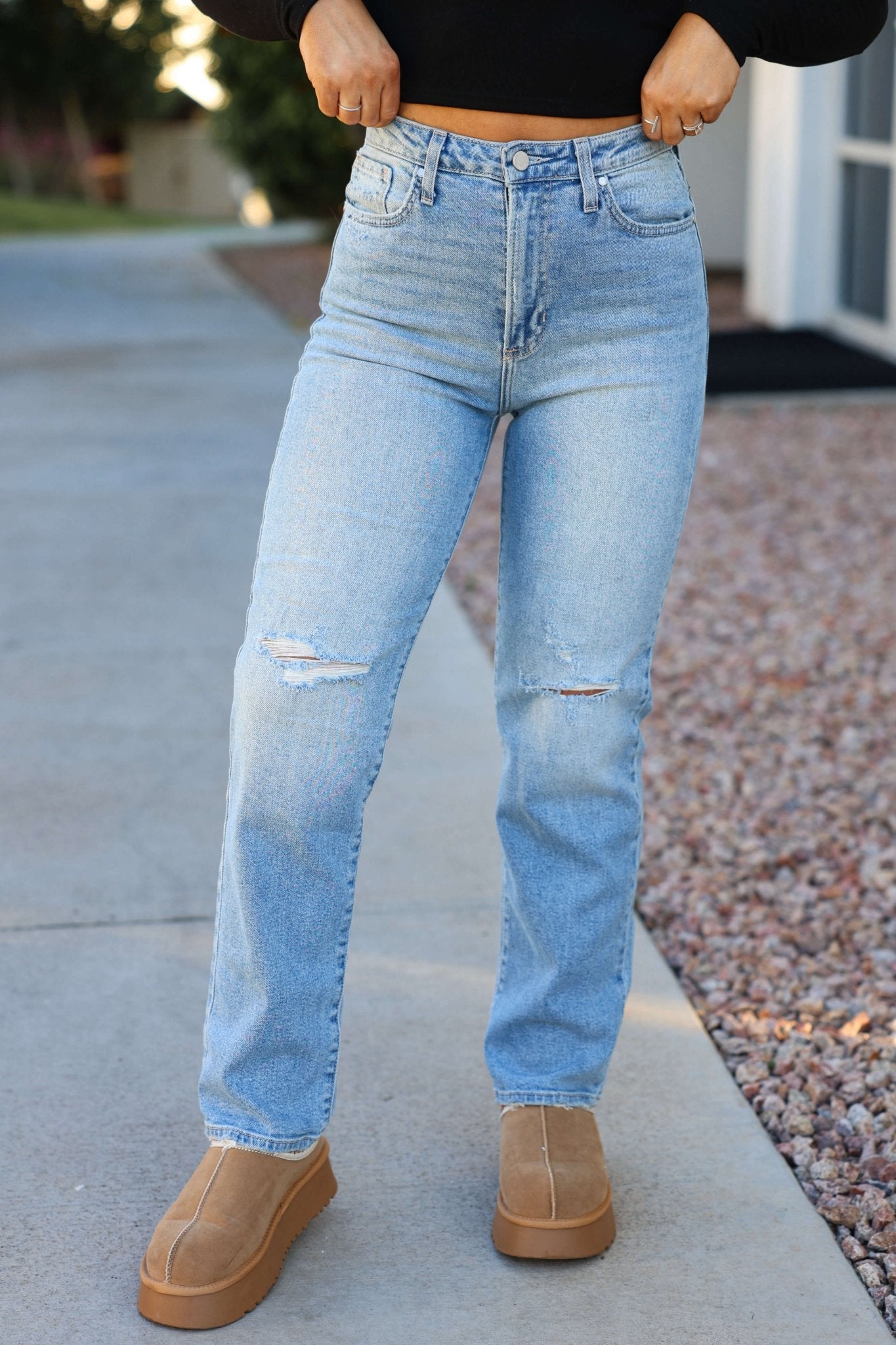 Light Denim Distressed High Rise Dad Jeans - FINAL SALE