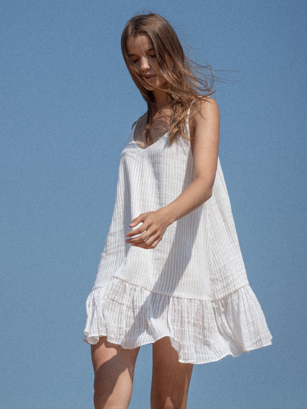 The Handloom Liv Mini Ruffle Dress White Stripes