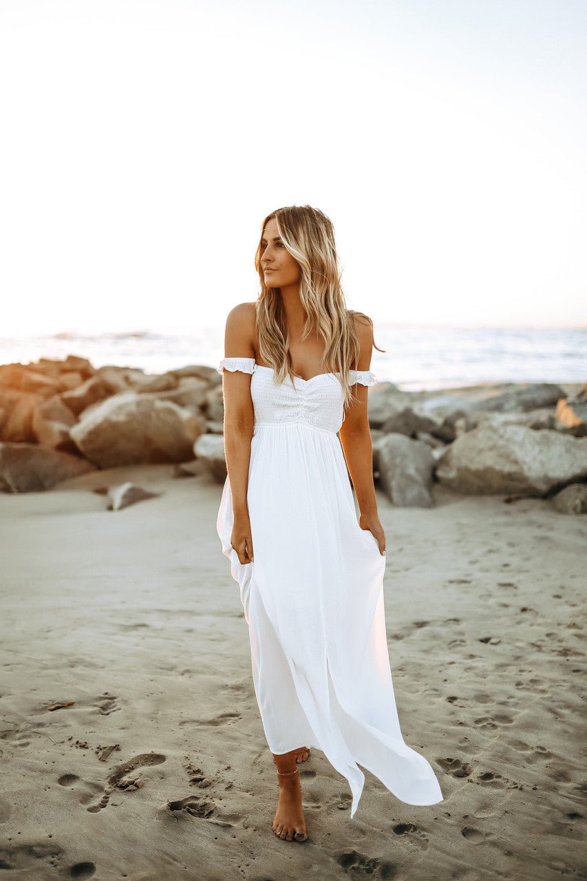 Odella Off Shoulder Dress: Smocked Maxi in Off White