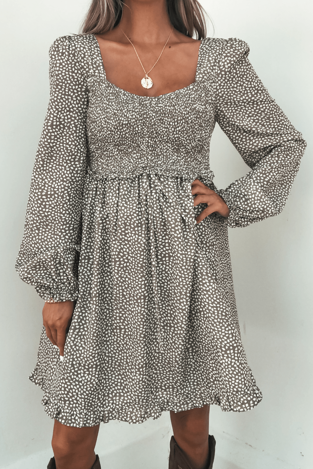 Olive Floral Print Ruched Mini Dress - FINAL SALE