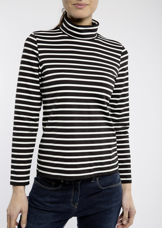Saint James Oural Turtleneck Striped Shirt For Women Stretch Fabric Women Fit Black Ivory