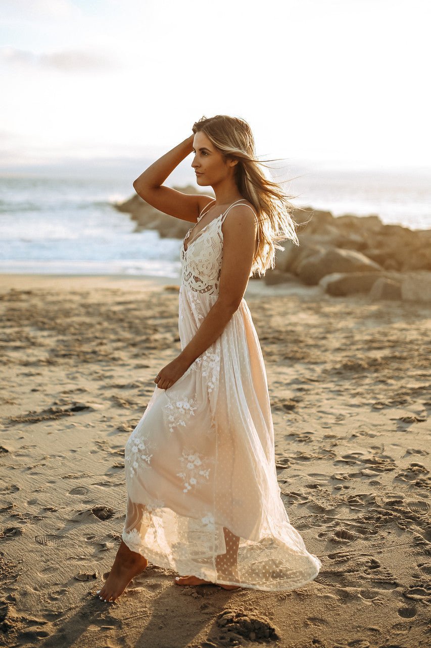 Paradise Island Scalloped Vanilla Lace Maxi Dress