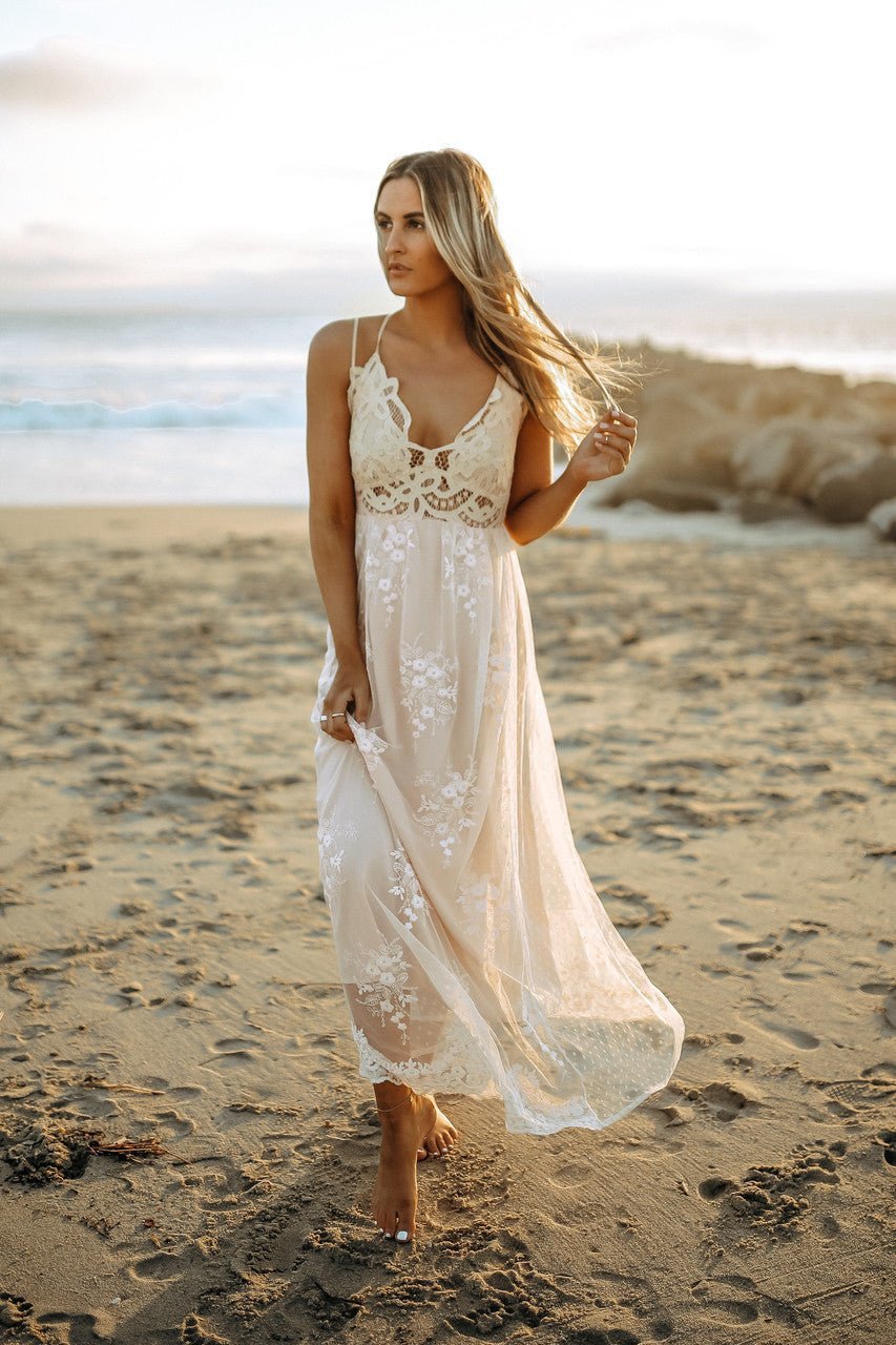 Paradise Island Scalloped Vanilla Lace Maxi Dress