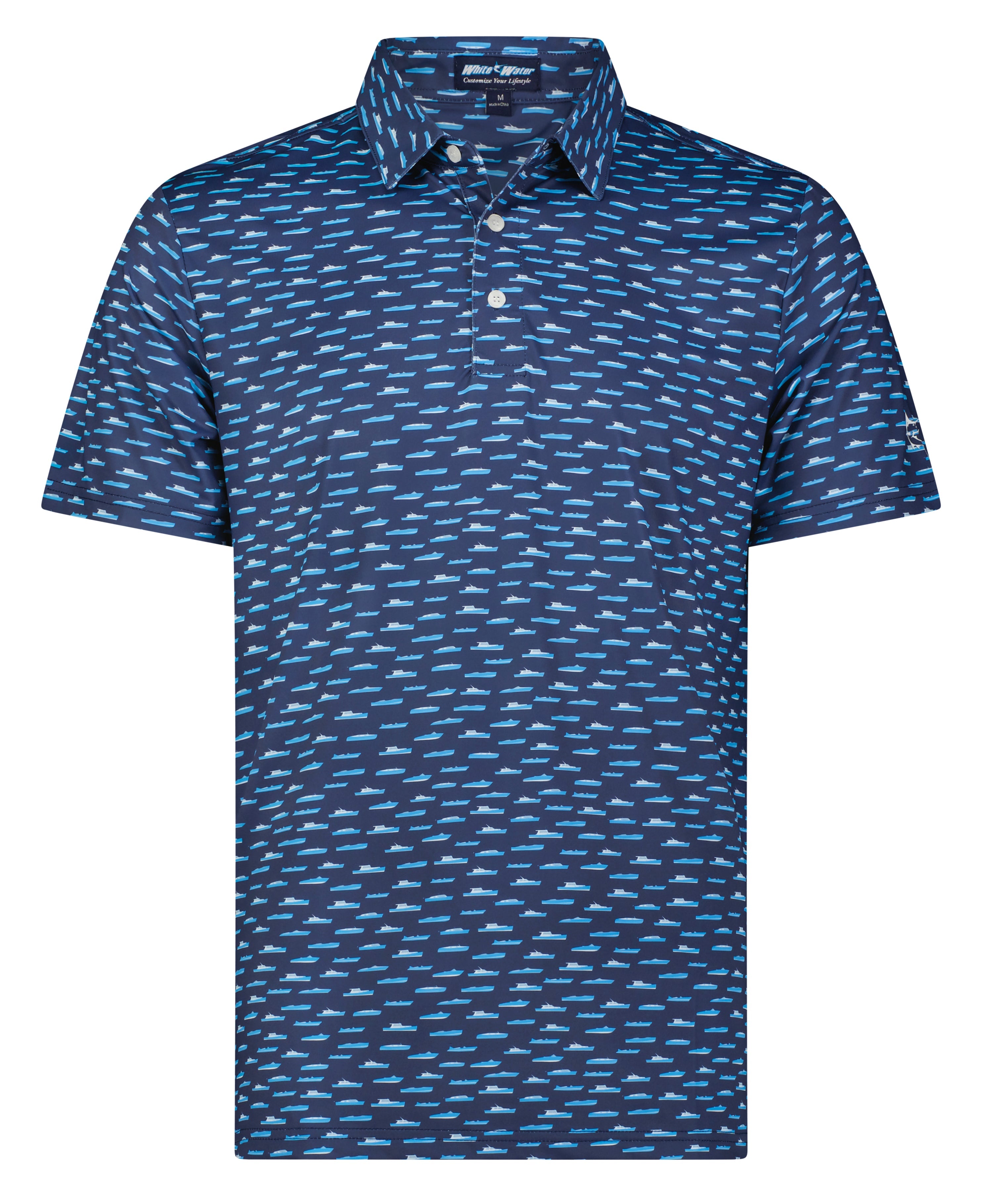 White Water Boat Print Polo, Navy