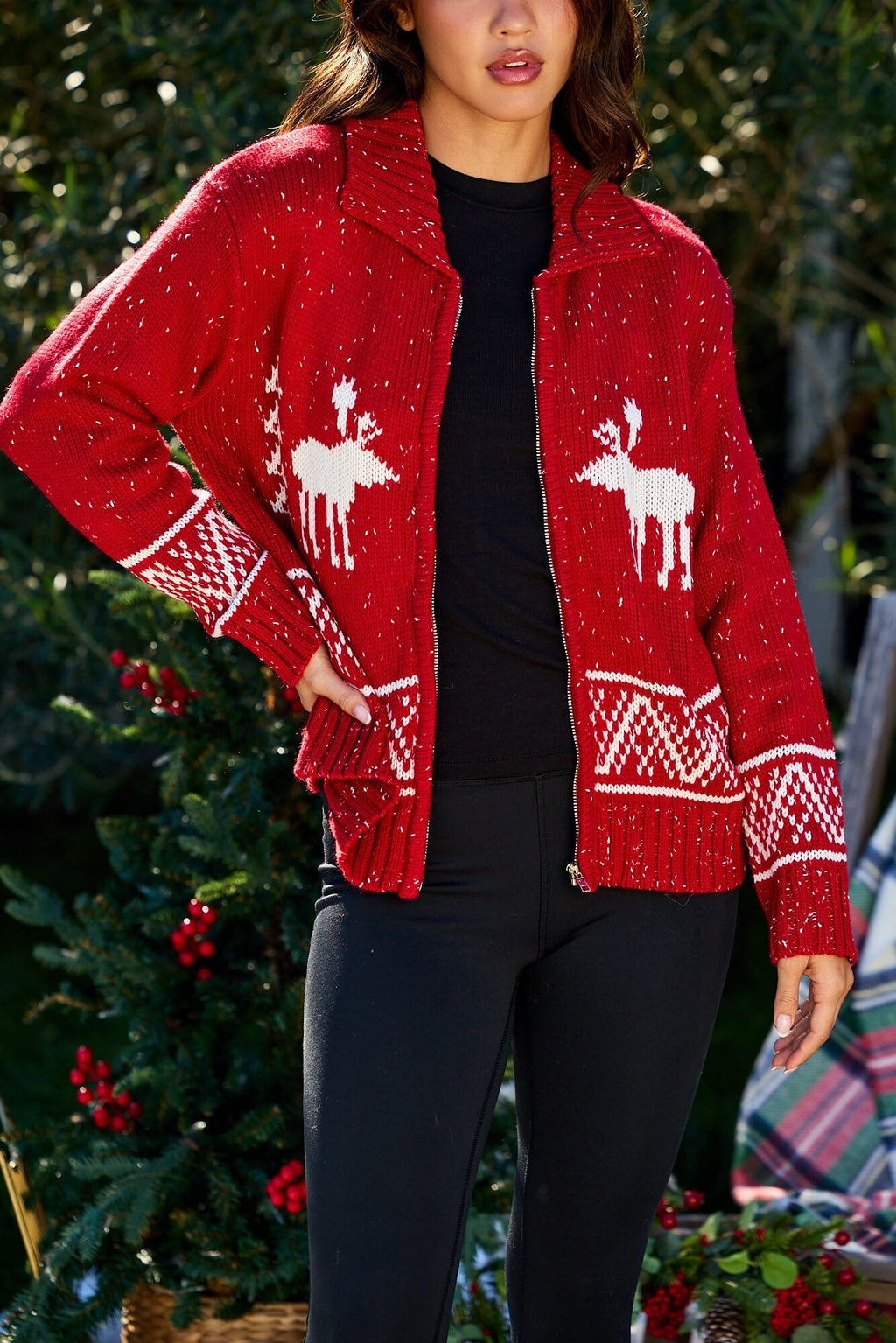 Red and White Aztec Zip Sweater Cardigan - FINAL SALE