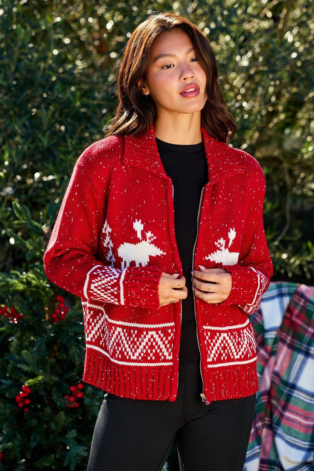 Red and White Aztec Zip Sweater Cardigan - FINAL SALE