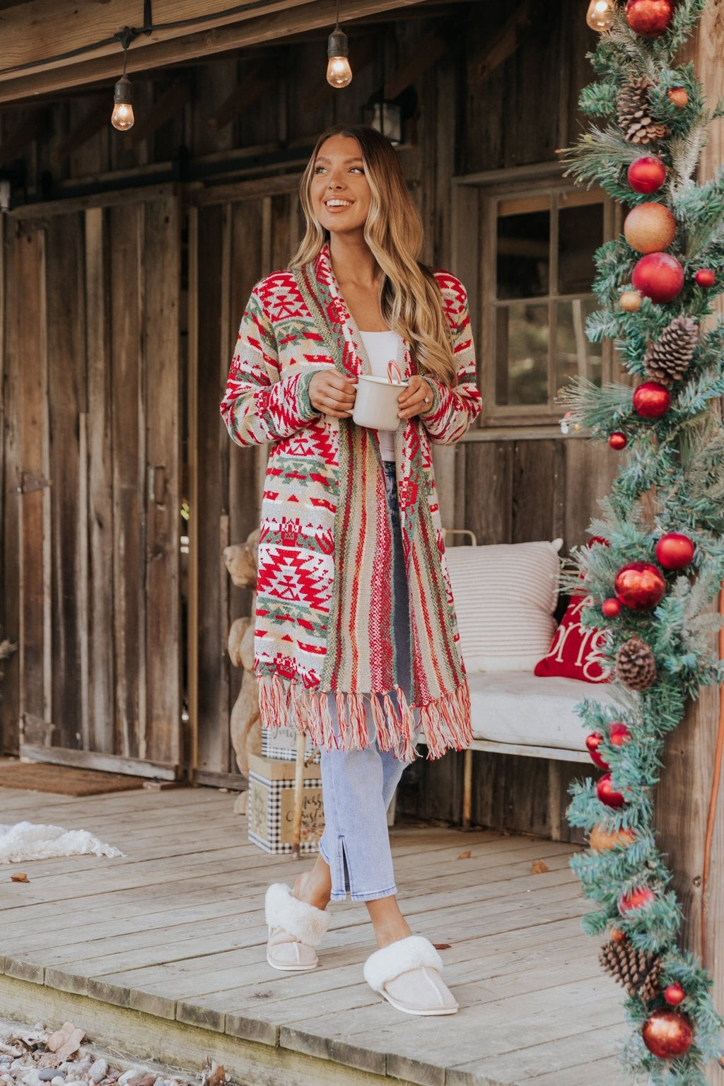 Red & Green Aztec Striped Boho Fringe Cardigan - FINAL SALE