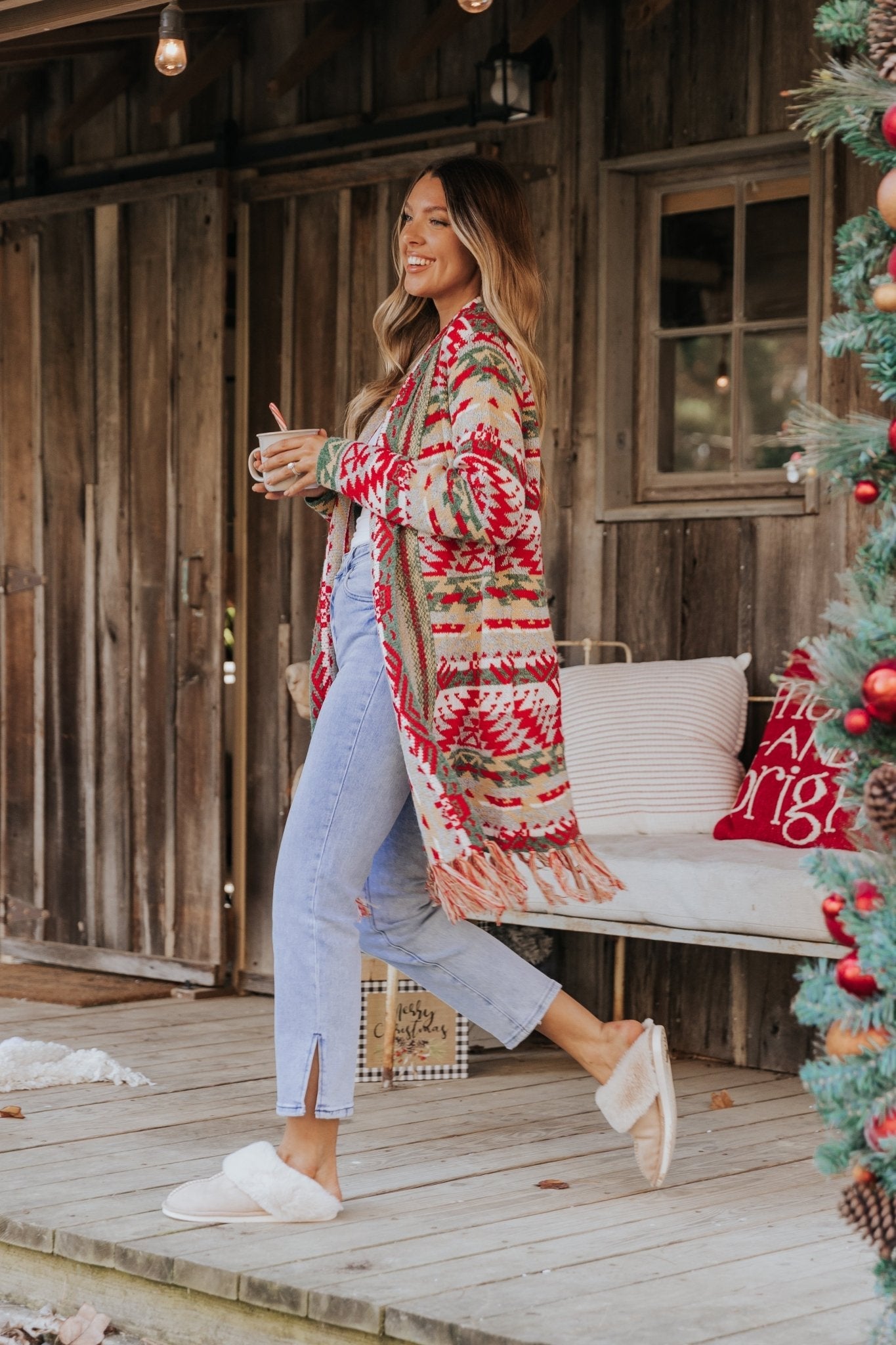 Red & Green Aztec Striped Boho Fringe Cardigan - FINAL SALE
