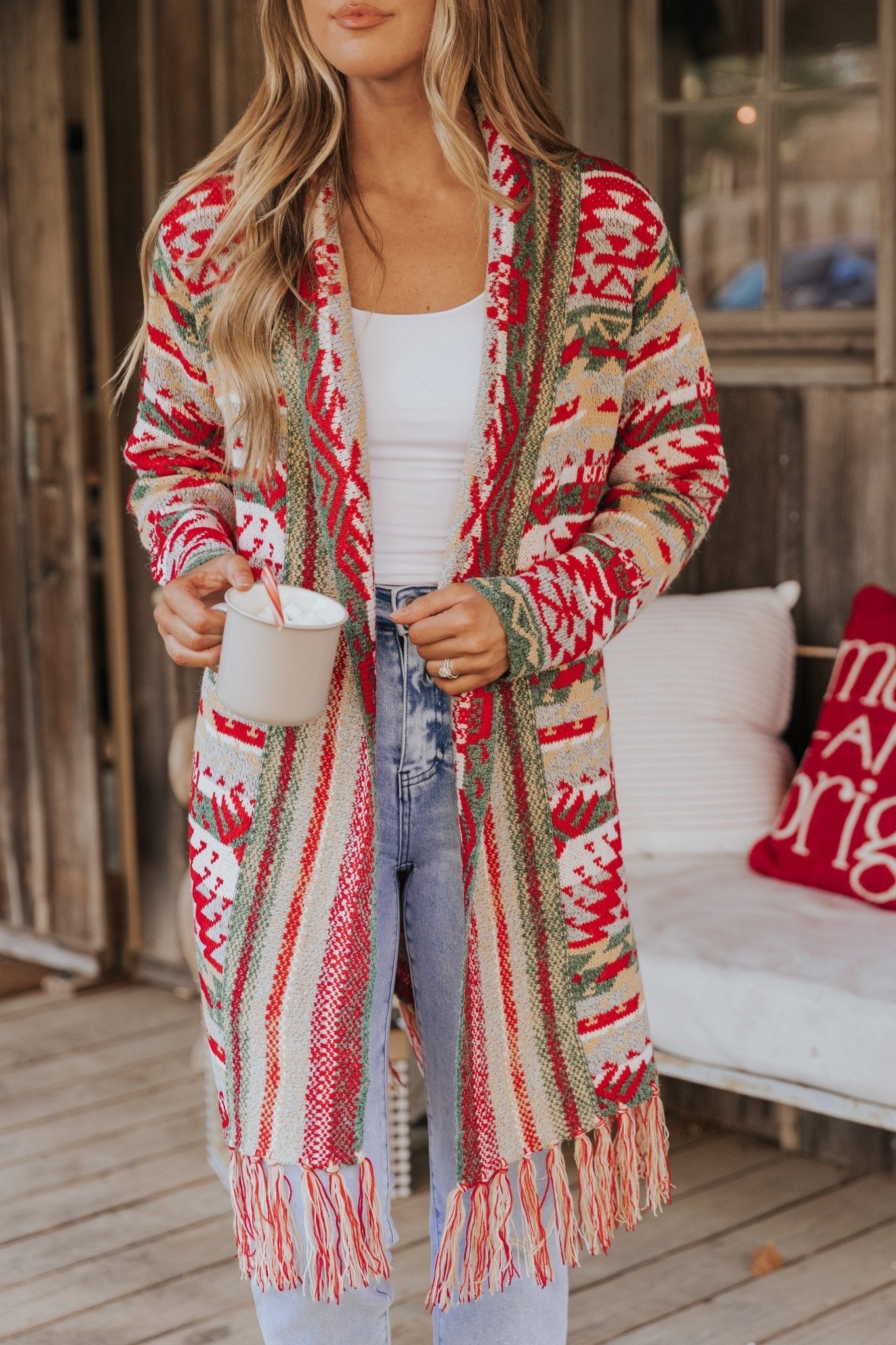 Red & Green Aztec Striped Boho Fringe Cardigan - FINAL SALE