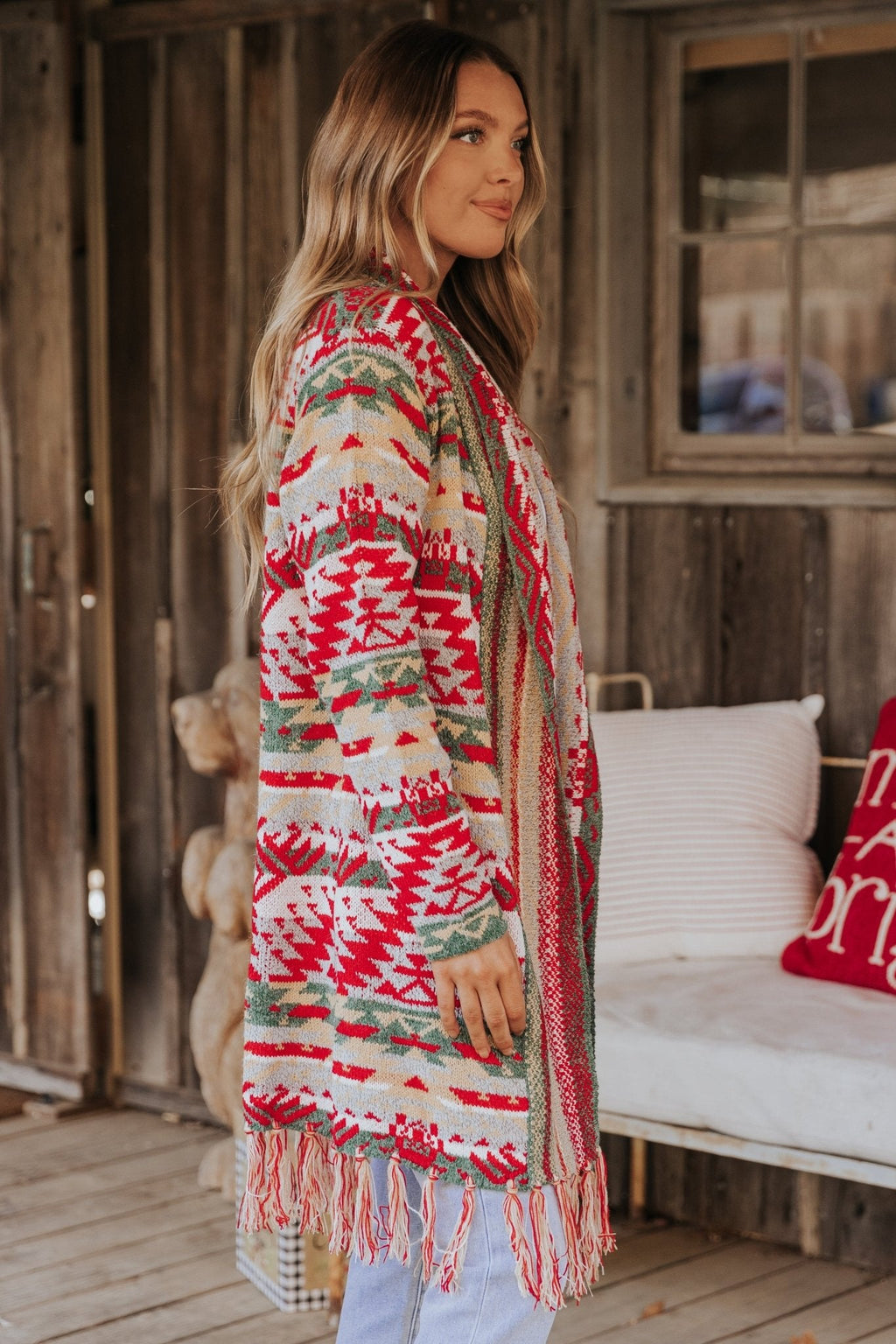Red & Green Aztec Striped Boho Fringe Cardigan - FINAL SALE