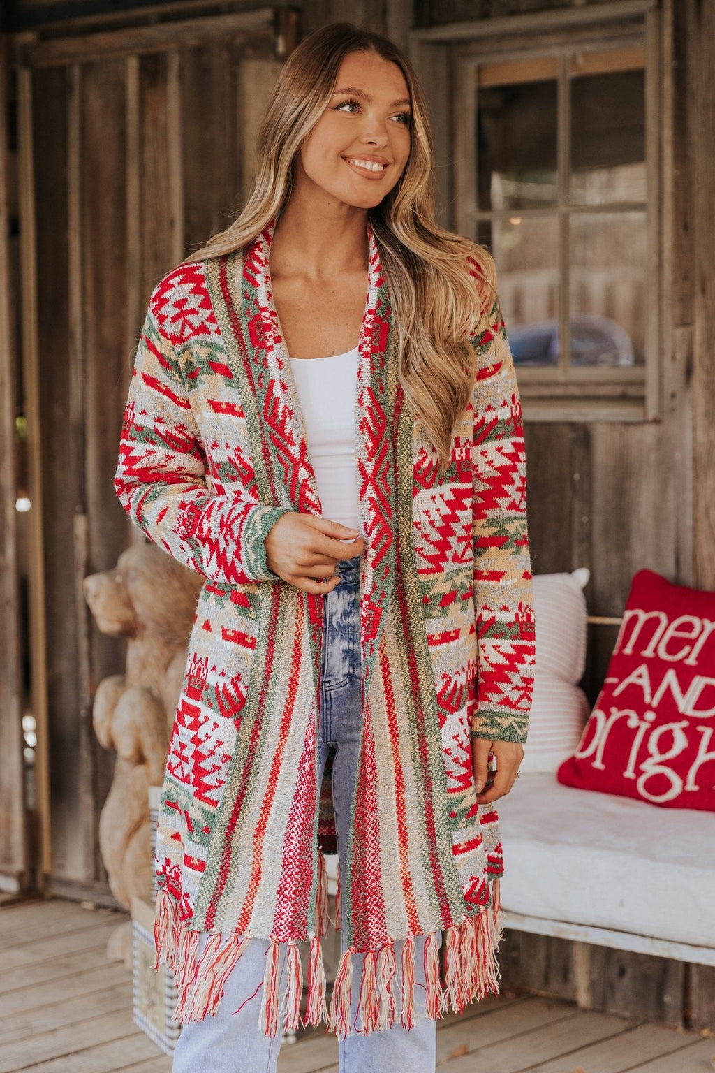 Red & Green Aztec Striped Boho Fringe Cardigan - FINAL SALE