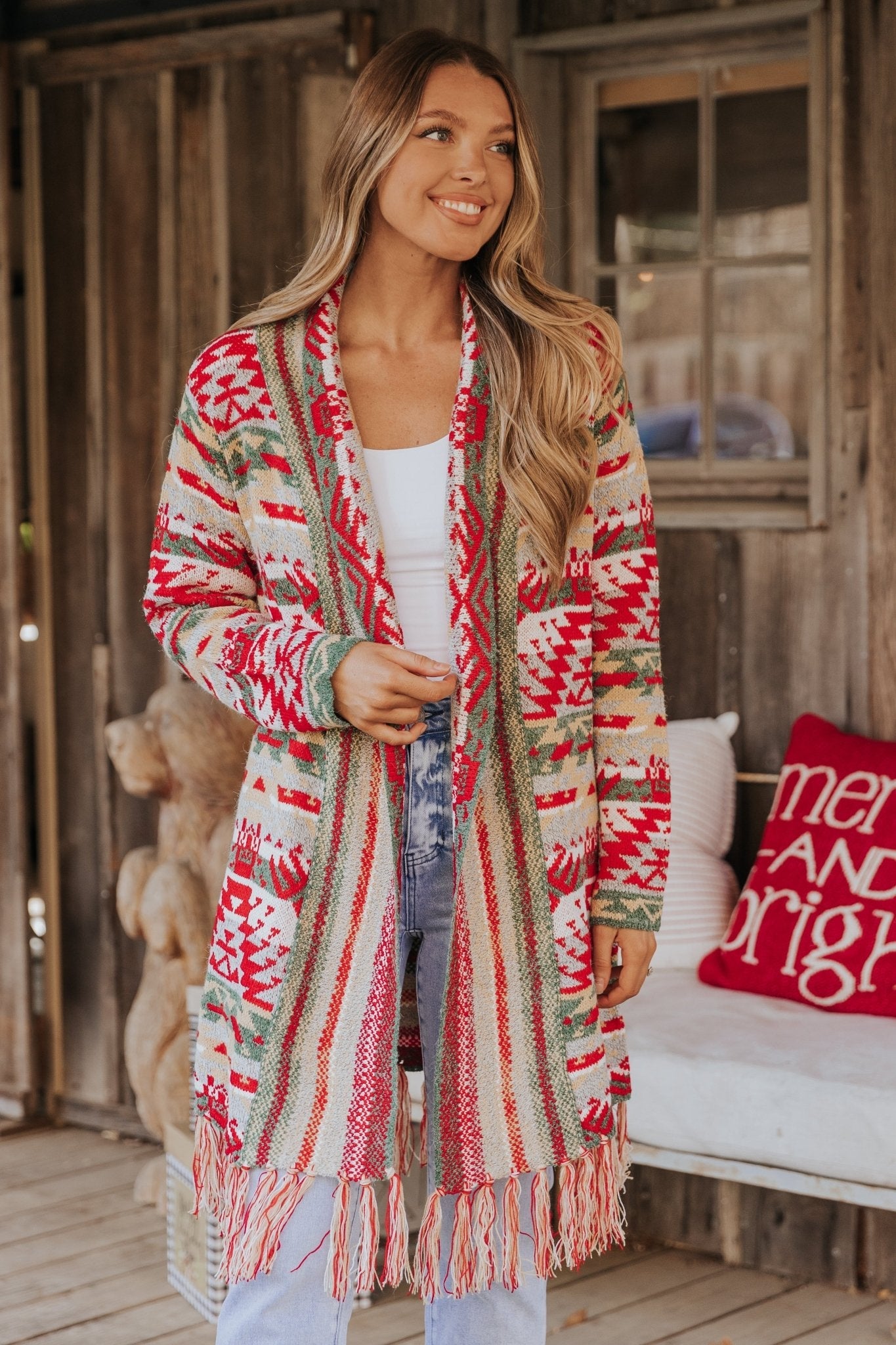 Red & Green Aztec Striped Boho Fringe Cardigan - FINAL SALE