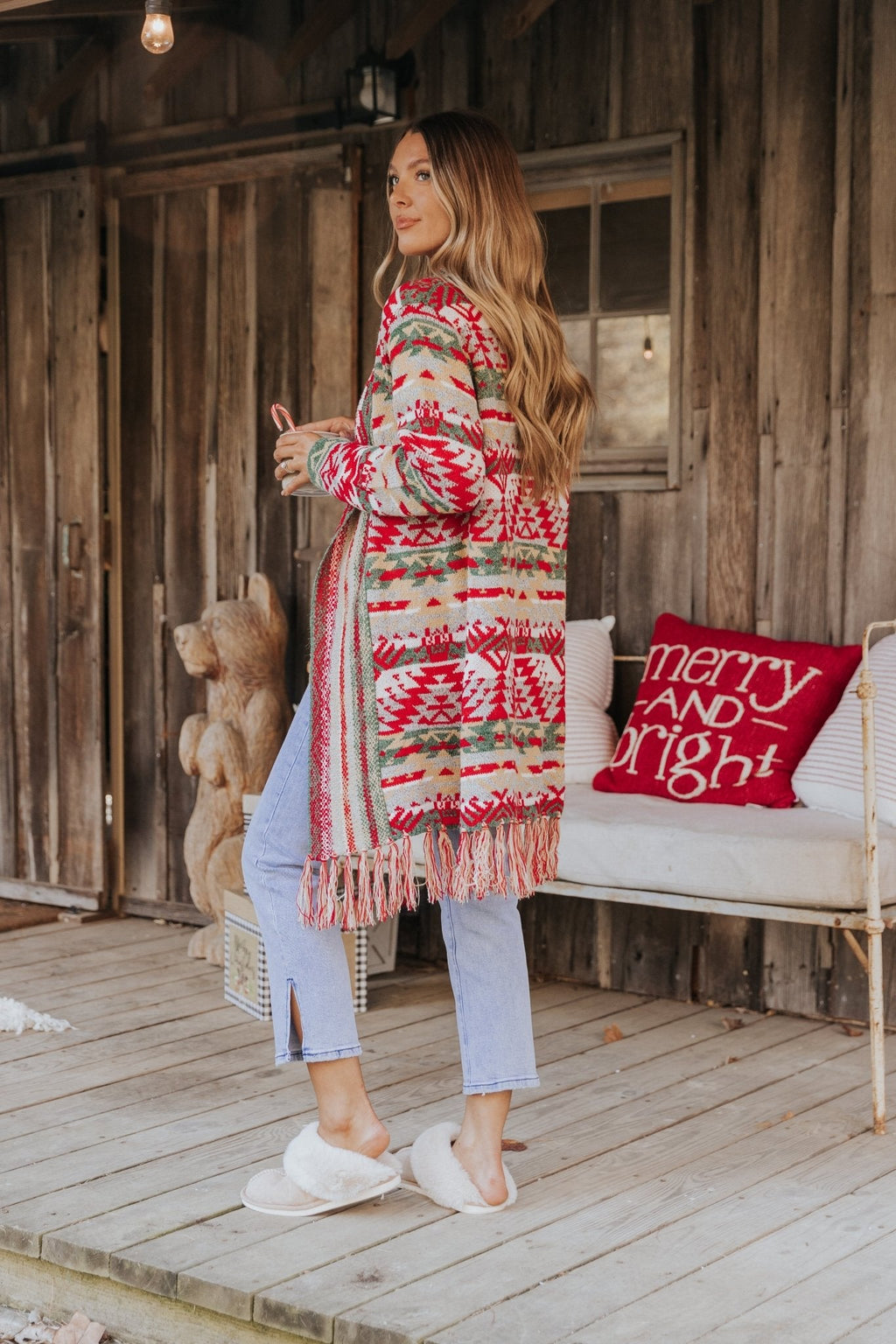 Red & Green Aztec Striped Boho Fringe Cardigan - FINAL SALE