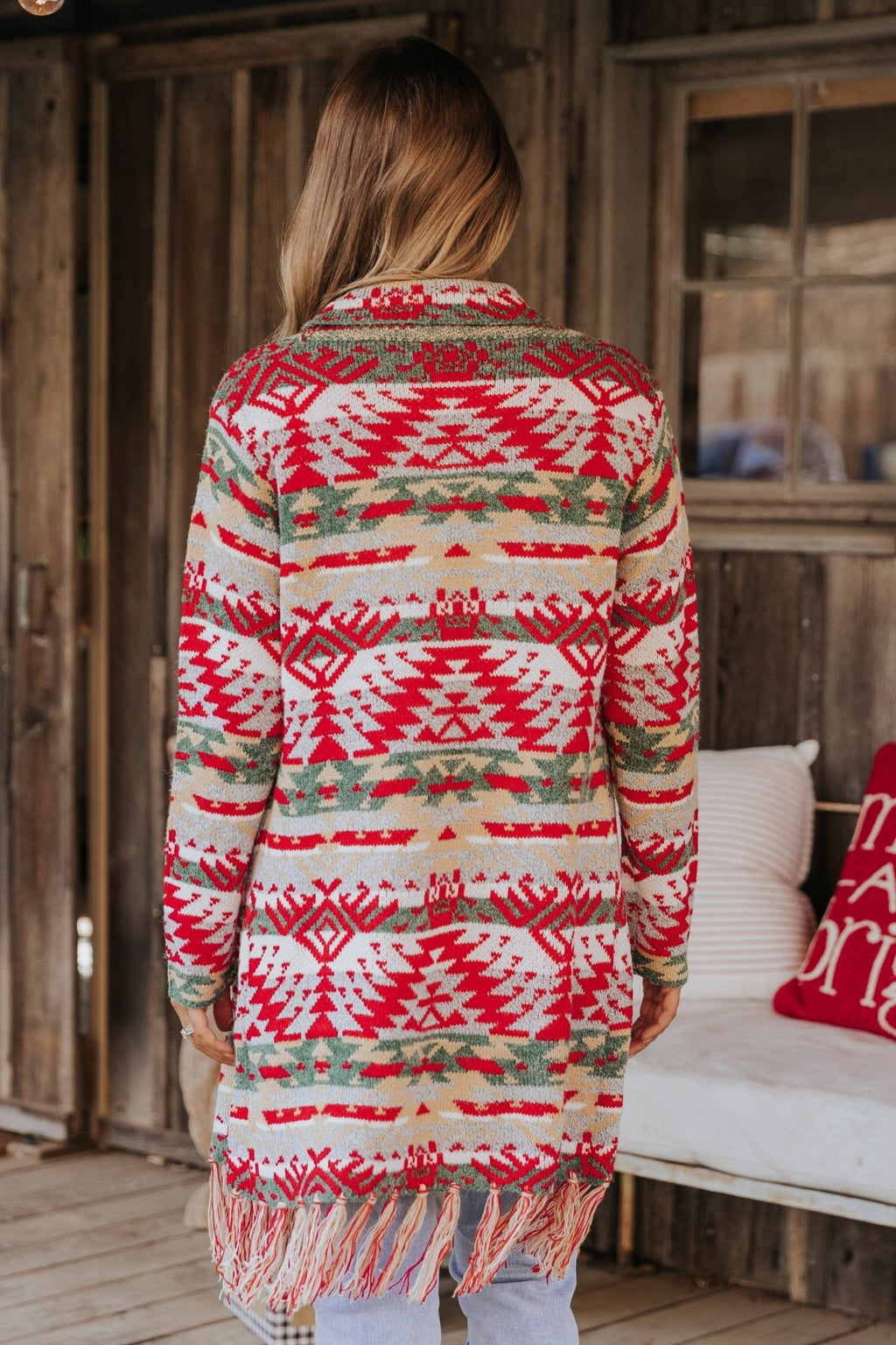 Red & Green Aztec Striped Boho Fringe Cardigan - FINAL SALE