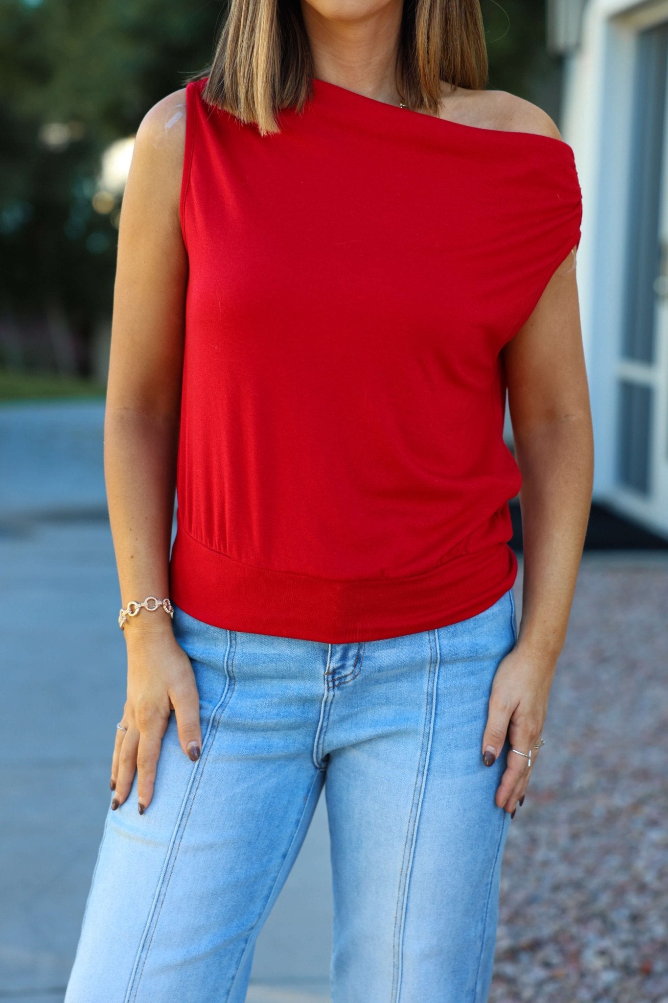 Red Jersey Knit Off The Shoulder Top - FINAL SALE