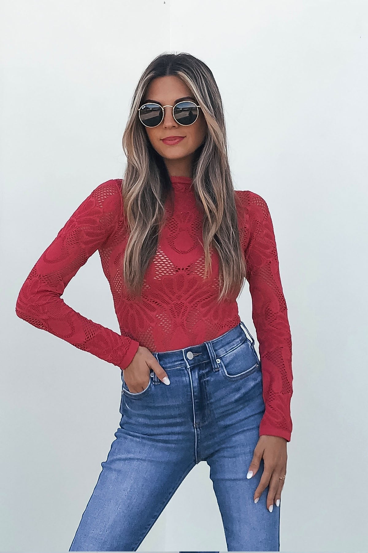 Red Mock Neck Fishnet Top - FINAL SALE