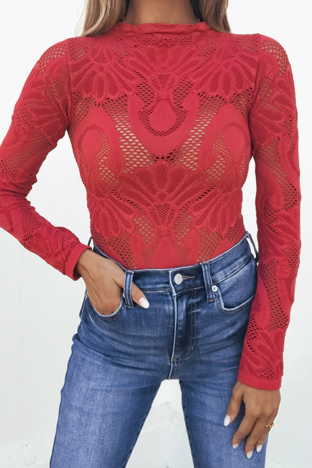 Red Mock Neck Fishnet Top - FINAL SALE