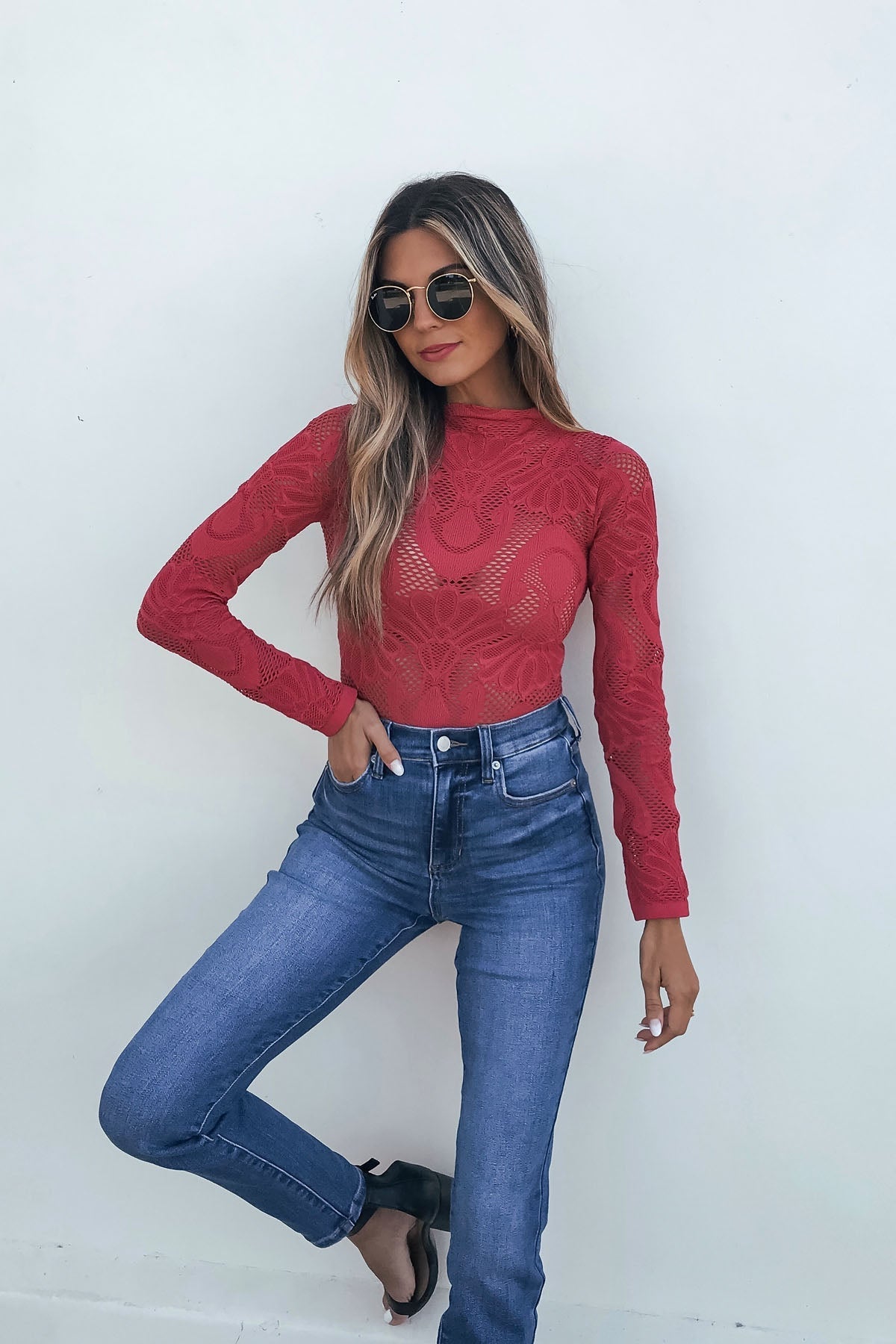 Red Mock Neck Fishnet Top - FINAL SALE