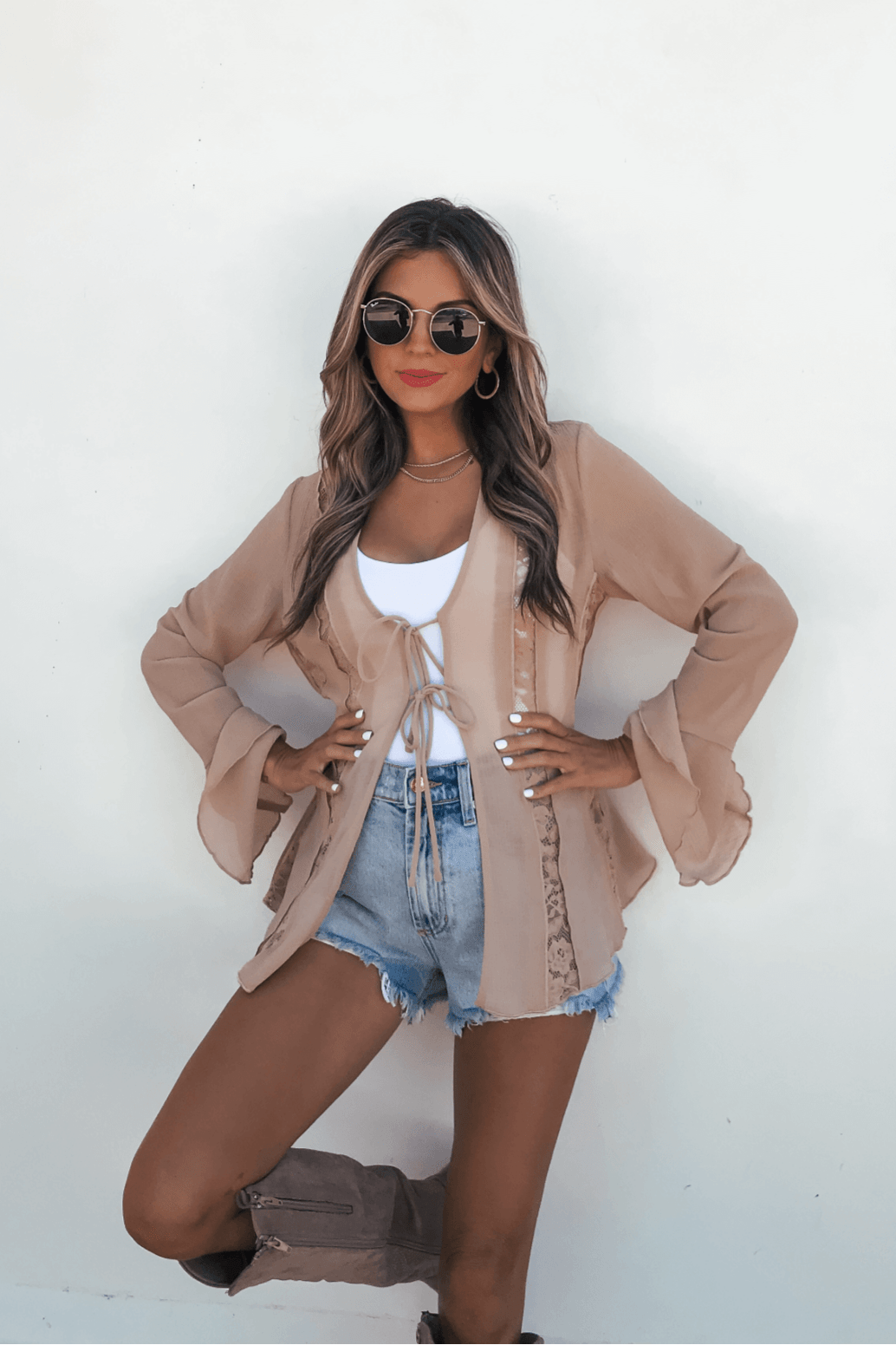 Sand Bell Sleeve Sheer Lace Top