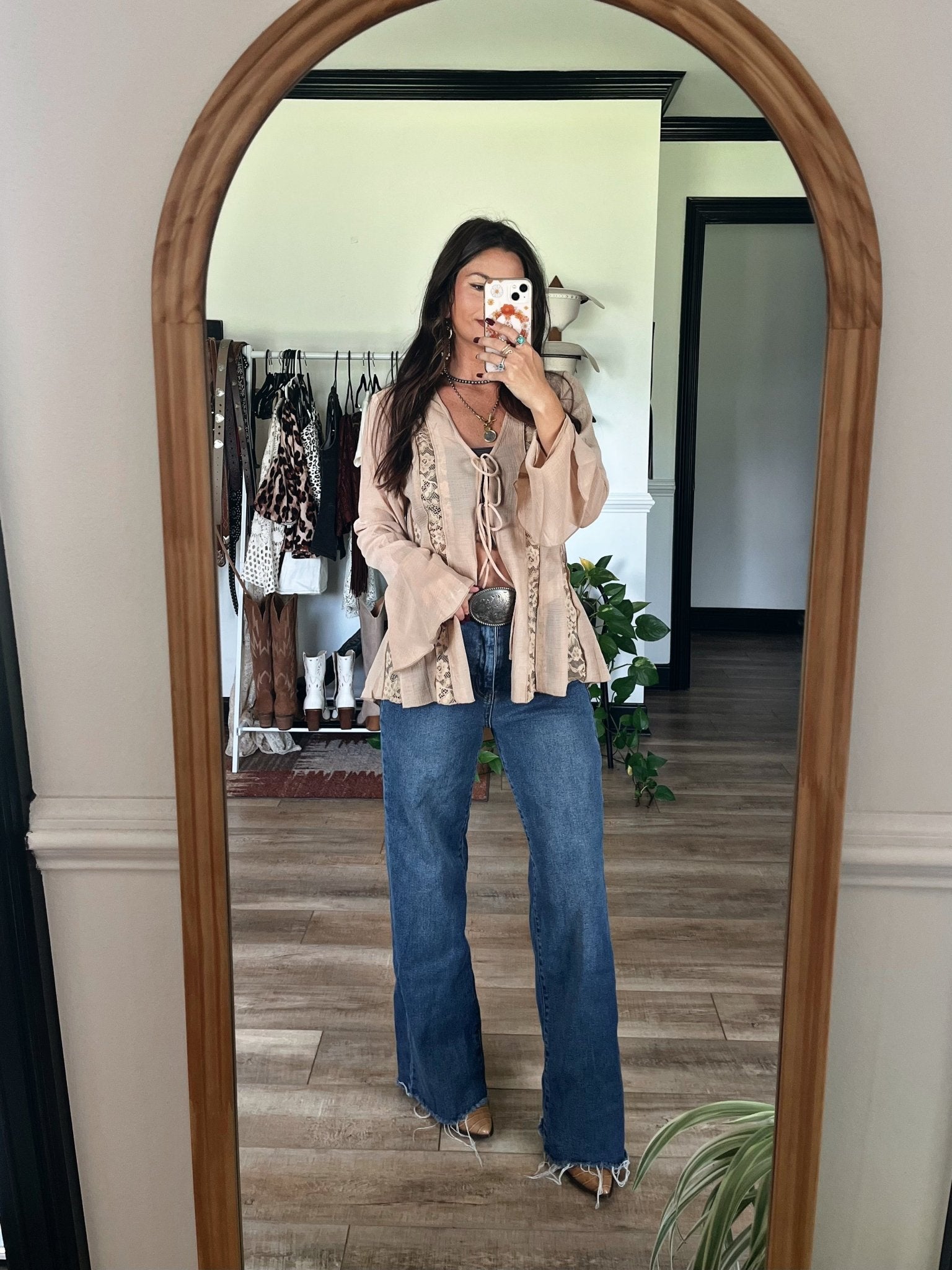 Sand Bell Sleeve Sheer Lace Top