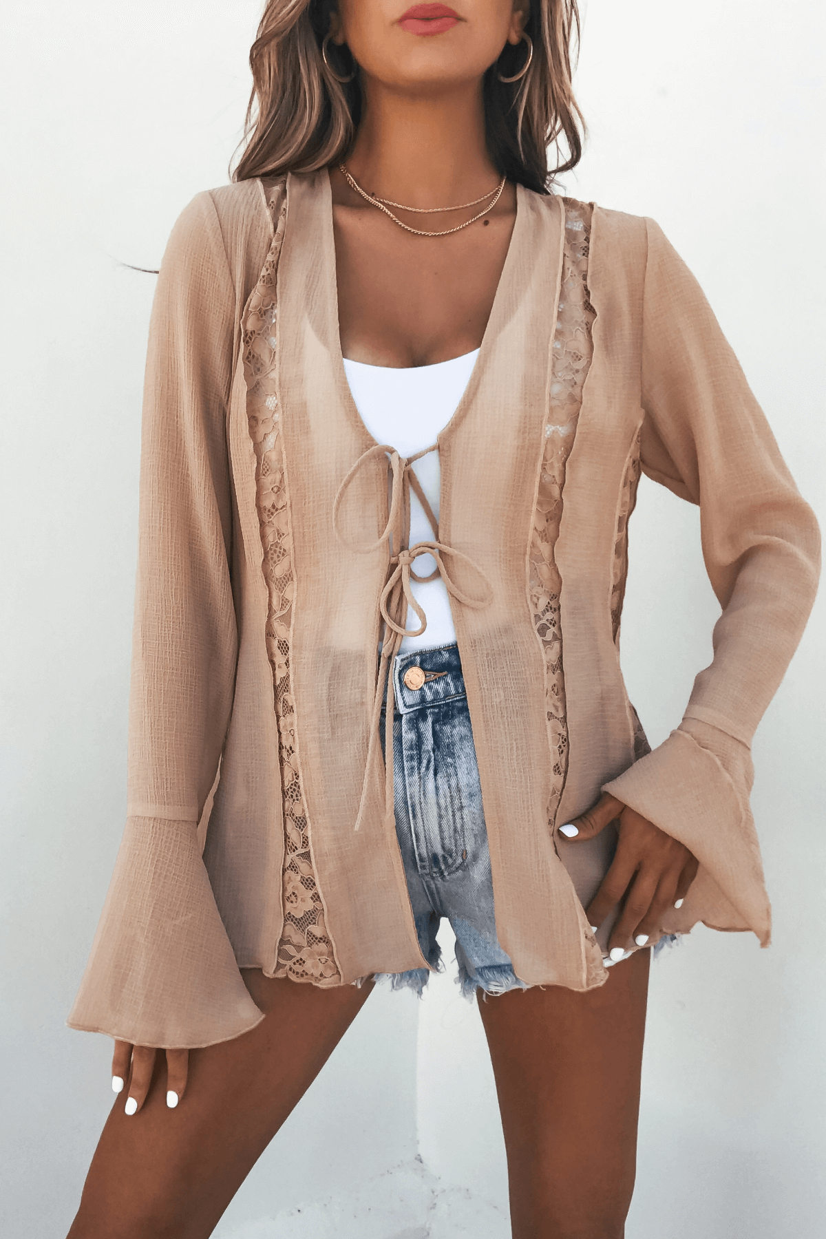 Sand Bell Sleeve Sheer Lace Top