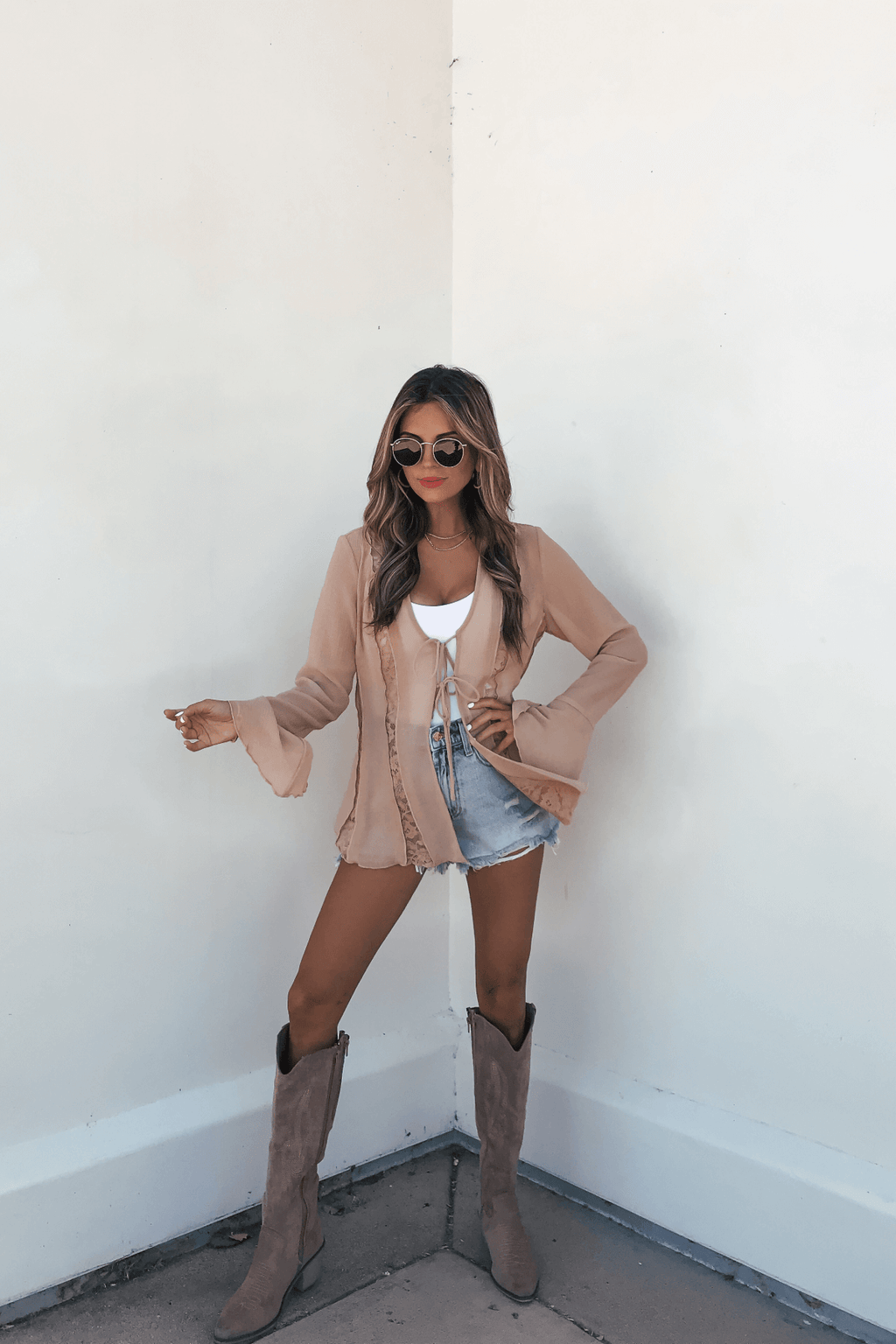 Sand Bell Sleeve Sheer Lace Top