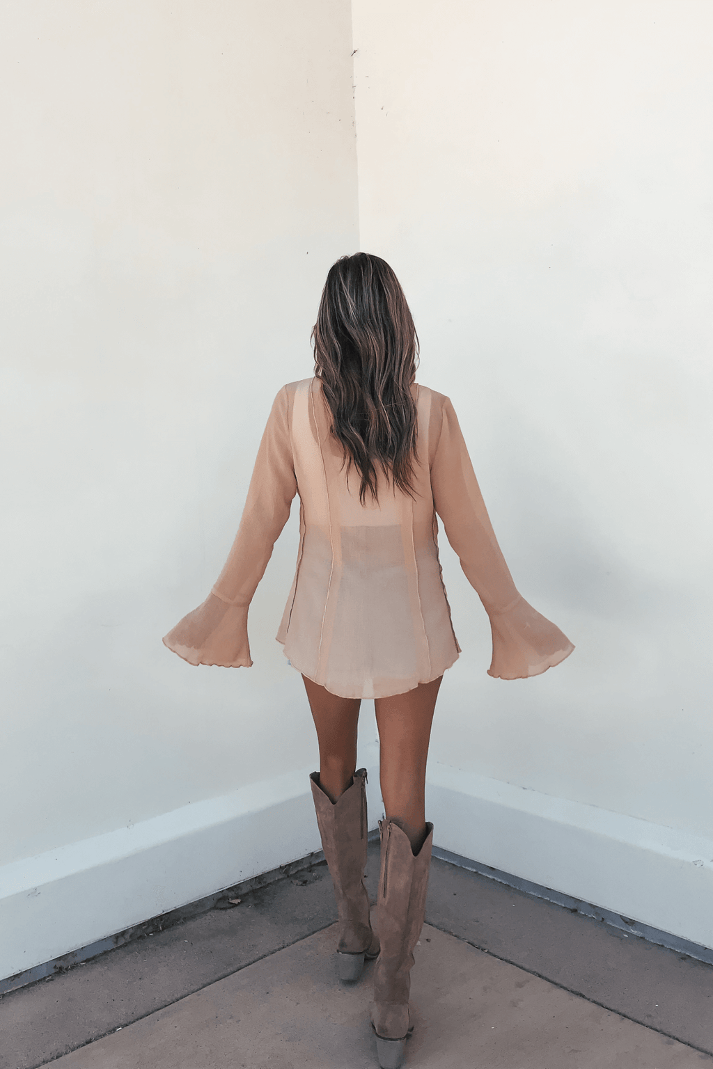 Sand Bell Sleeve Sheer Lace Top