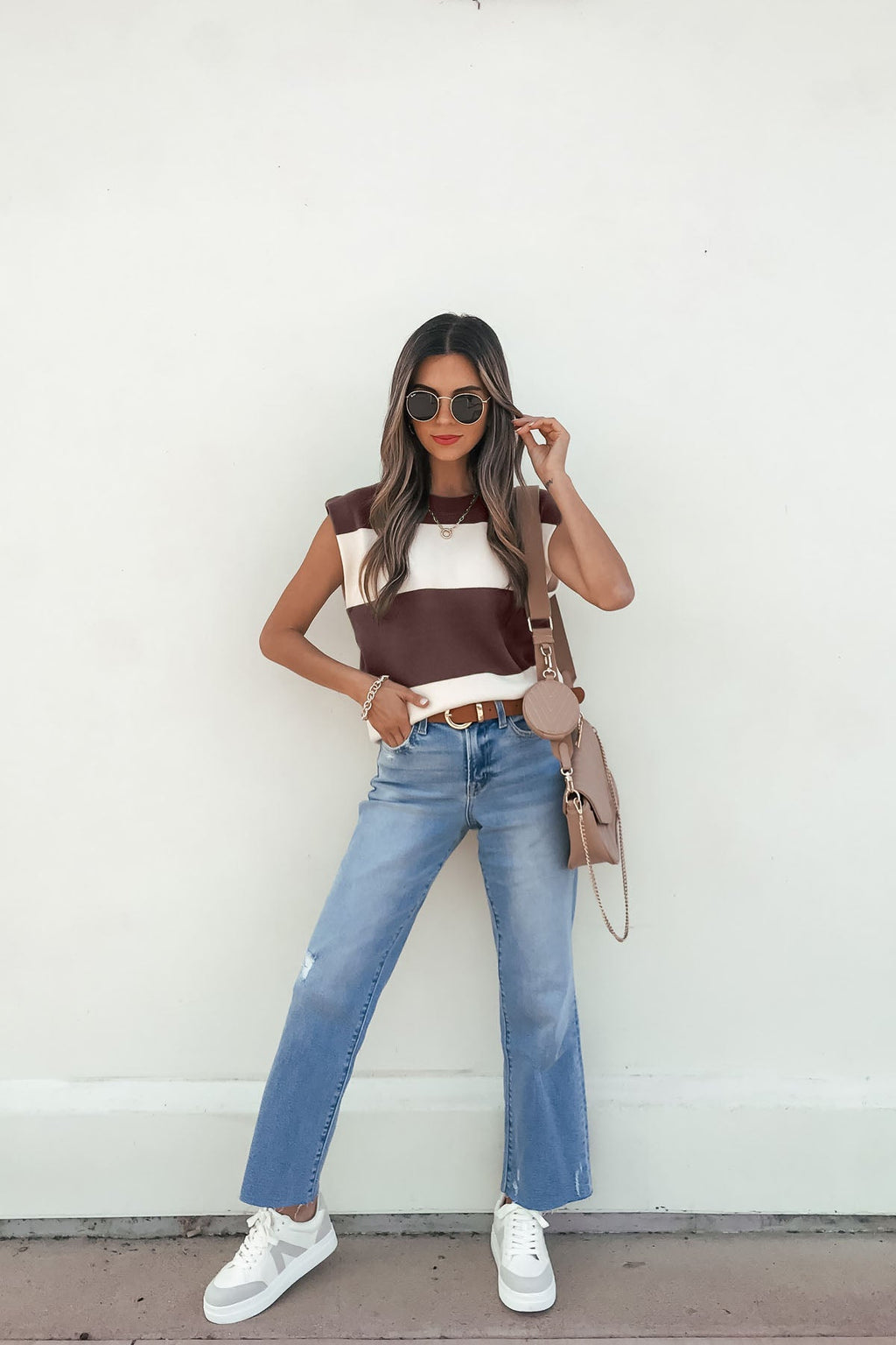 Sleeveless Brown and Cream Striped Sweater