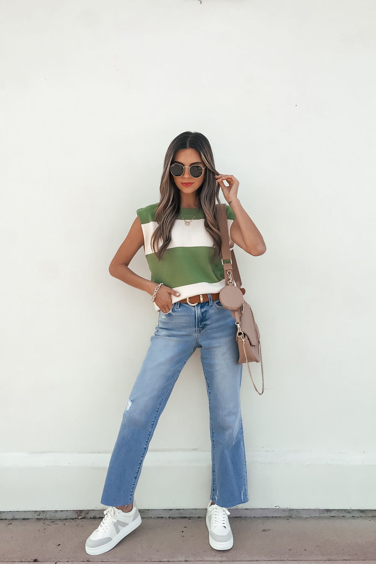Sleeveless Green and Cream Striped Sweater