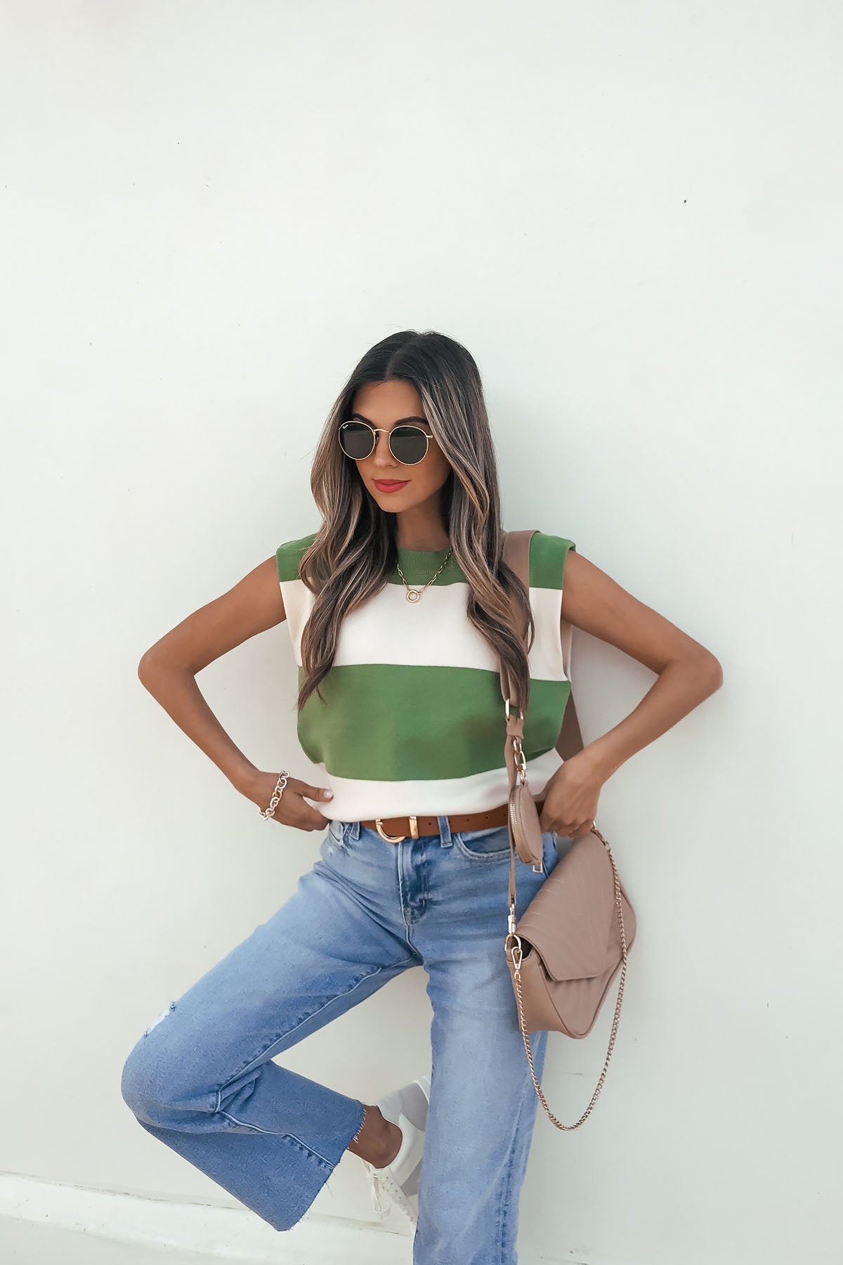 Sleeveless Green and Cream Striped Sweater