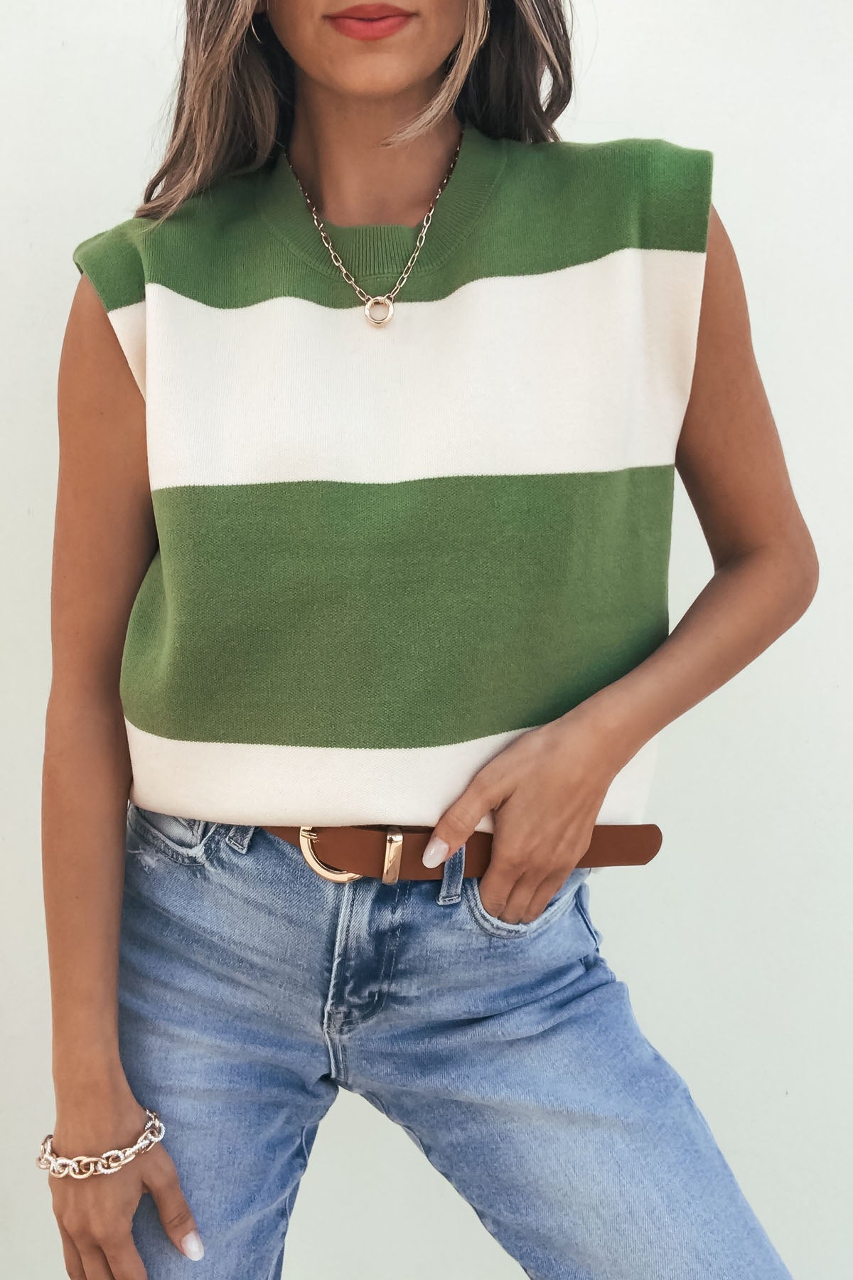 Sleeveless Green and Cream Striped Sweater