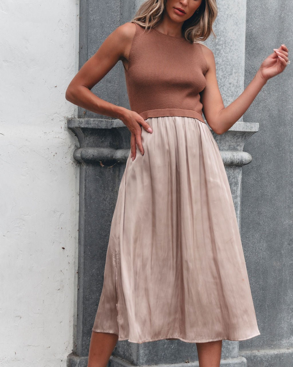 Sleeveless Half Sweater and Satin Skirt Midi Dress - Mocha