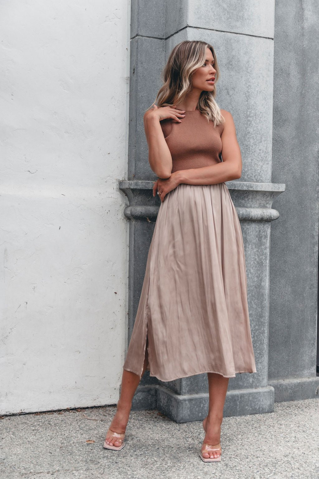 Sleeveless Half Sweater and Satin Skirt Midi Dress - Mocha