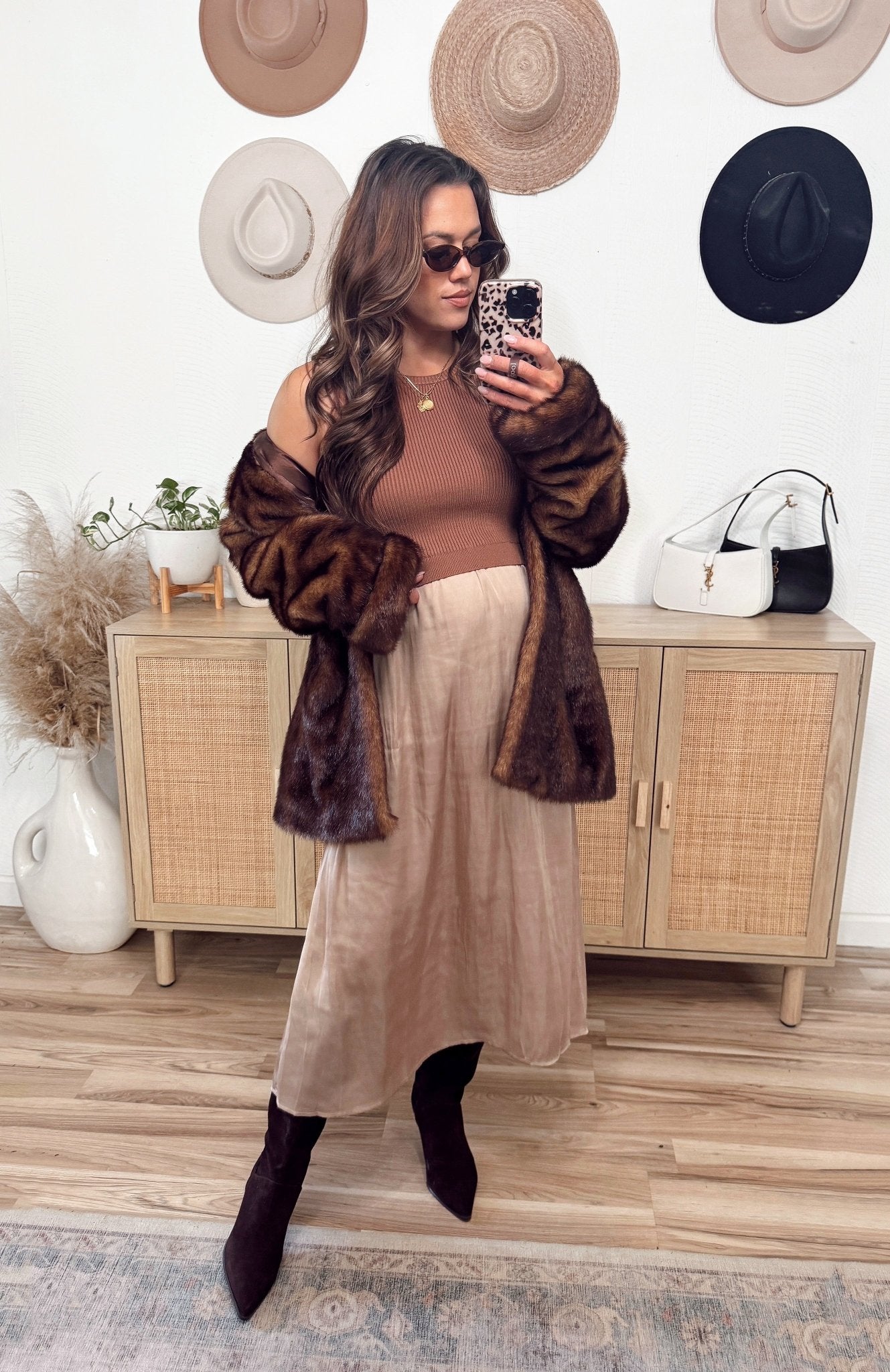 Sleeveless Half Sweater and Satin Skirt Midi Dress - Mocha