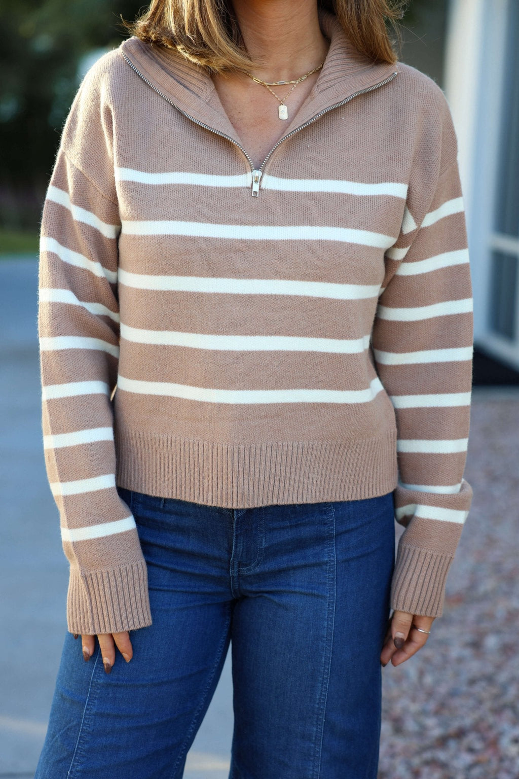 Taupe and Cream Striped Quarter Zip Pullover - FINAL SALE