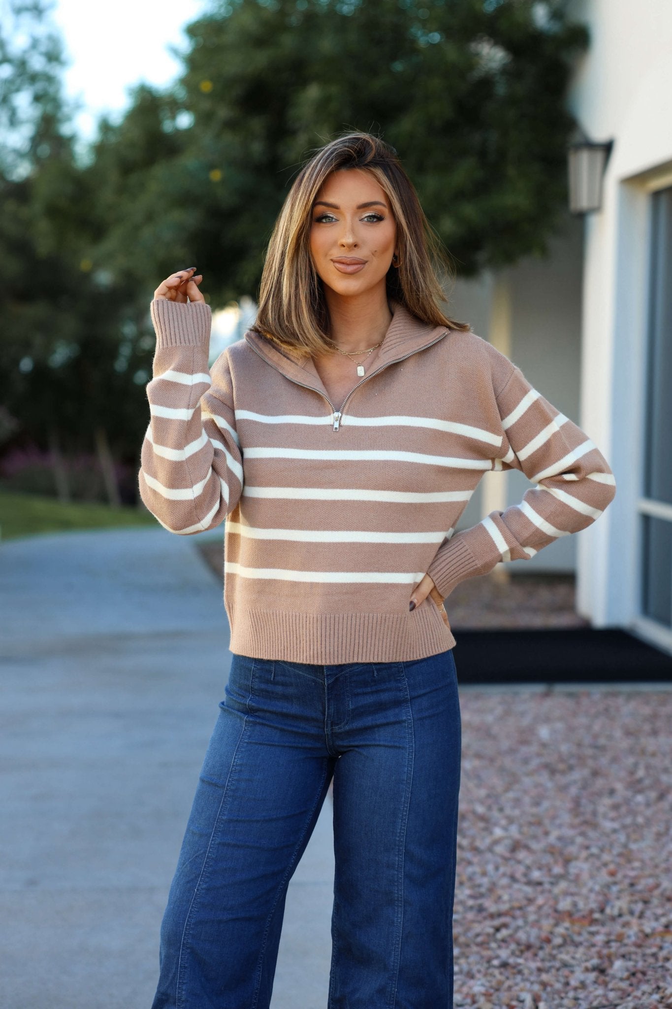 Taupe and Cream Striped Quarter Zip Pullover - FINAL SALE